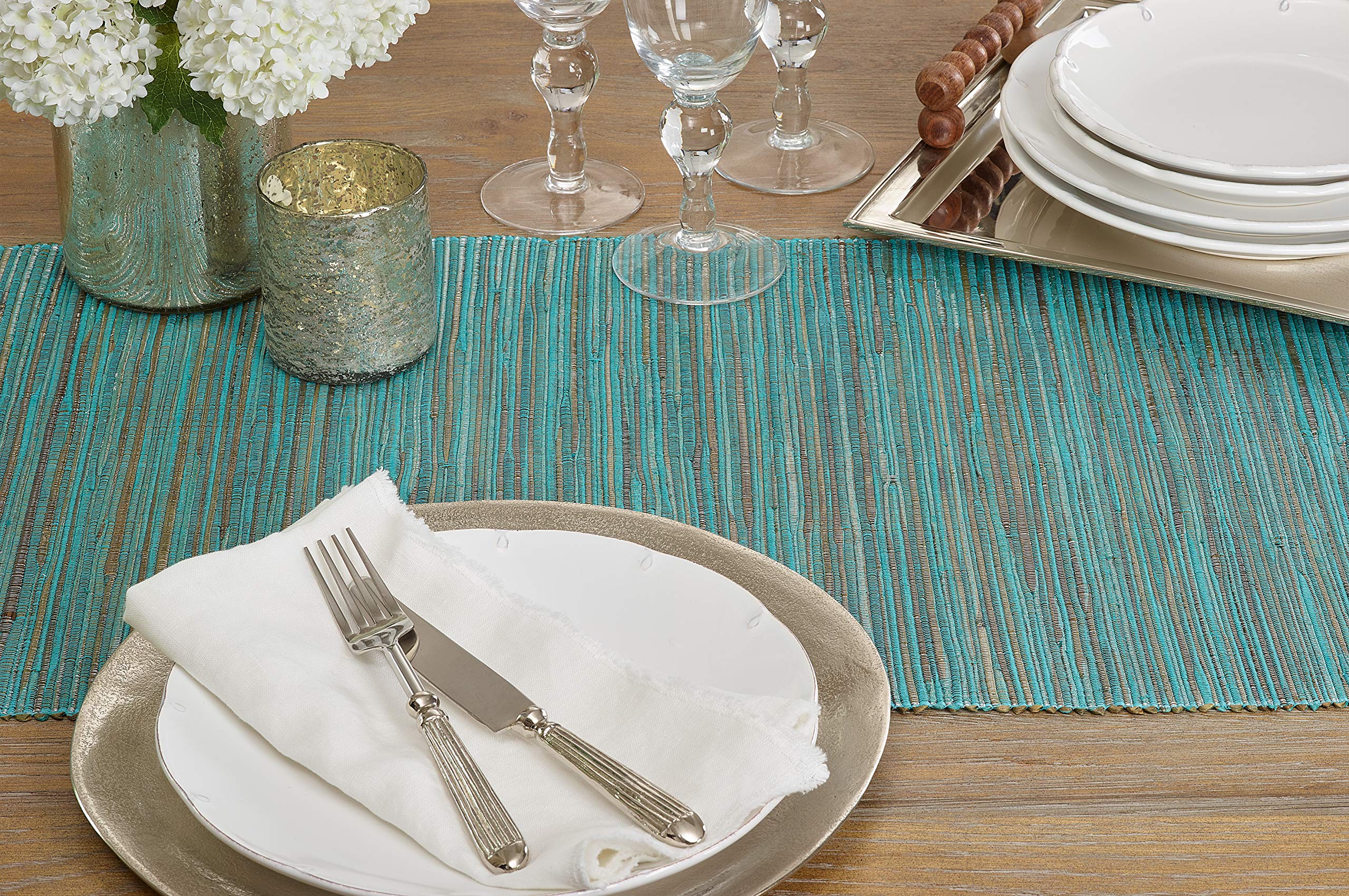 Saro Lifestyle 217Tq1490B Melaya Collection Shimmering Woven Nubby Water Hyacinth Table Runner, 14 X 90, Turquoise