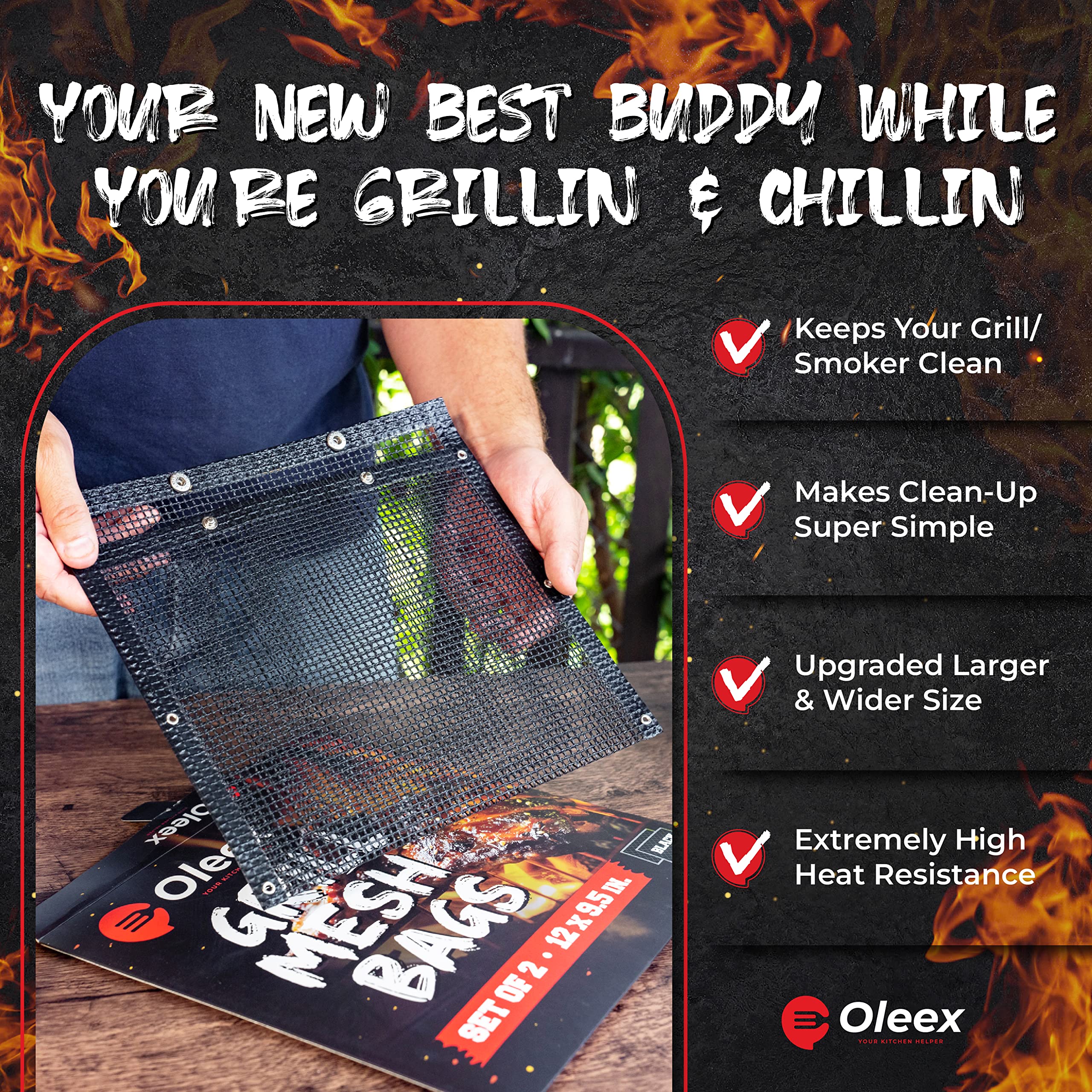 BBQ Non-Stick Large Mesh Grilling Bags + Basting Brush - Reusable PTFE Mesh Indoor Outdoor Charcoal Barbecue Grill Bag Accessories  Heat-Resistant Up to 500 F  Easy to Clean  Dishwasher-Safe - Set of 2