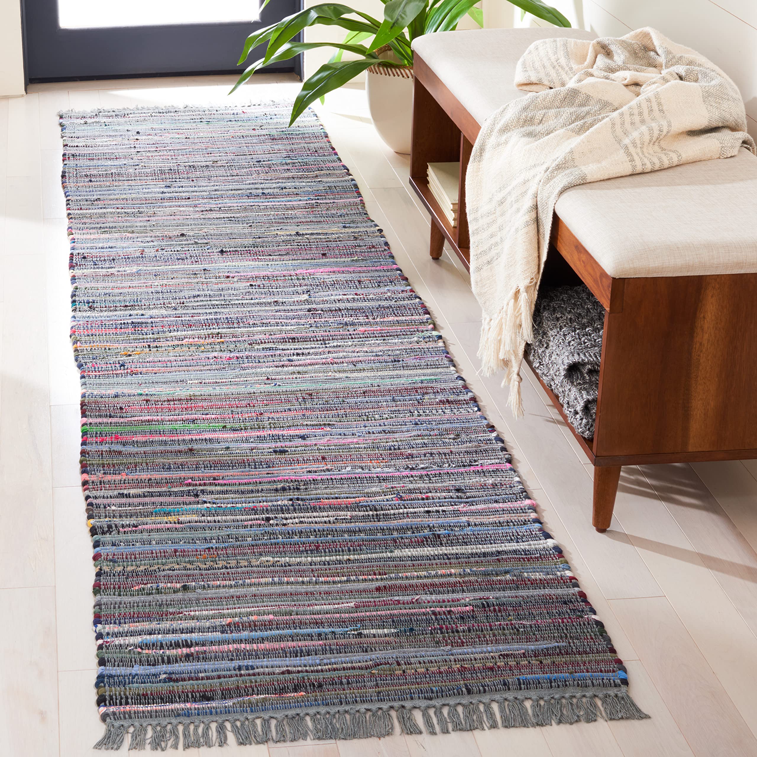 SAFAVIEH Rag Rug Collection Runner Rug - 23 x 6, Aqua & Multi, Handmade Boho Stripe Cotton, Ideal for High Traffic Areas in Li