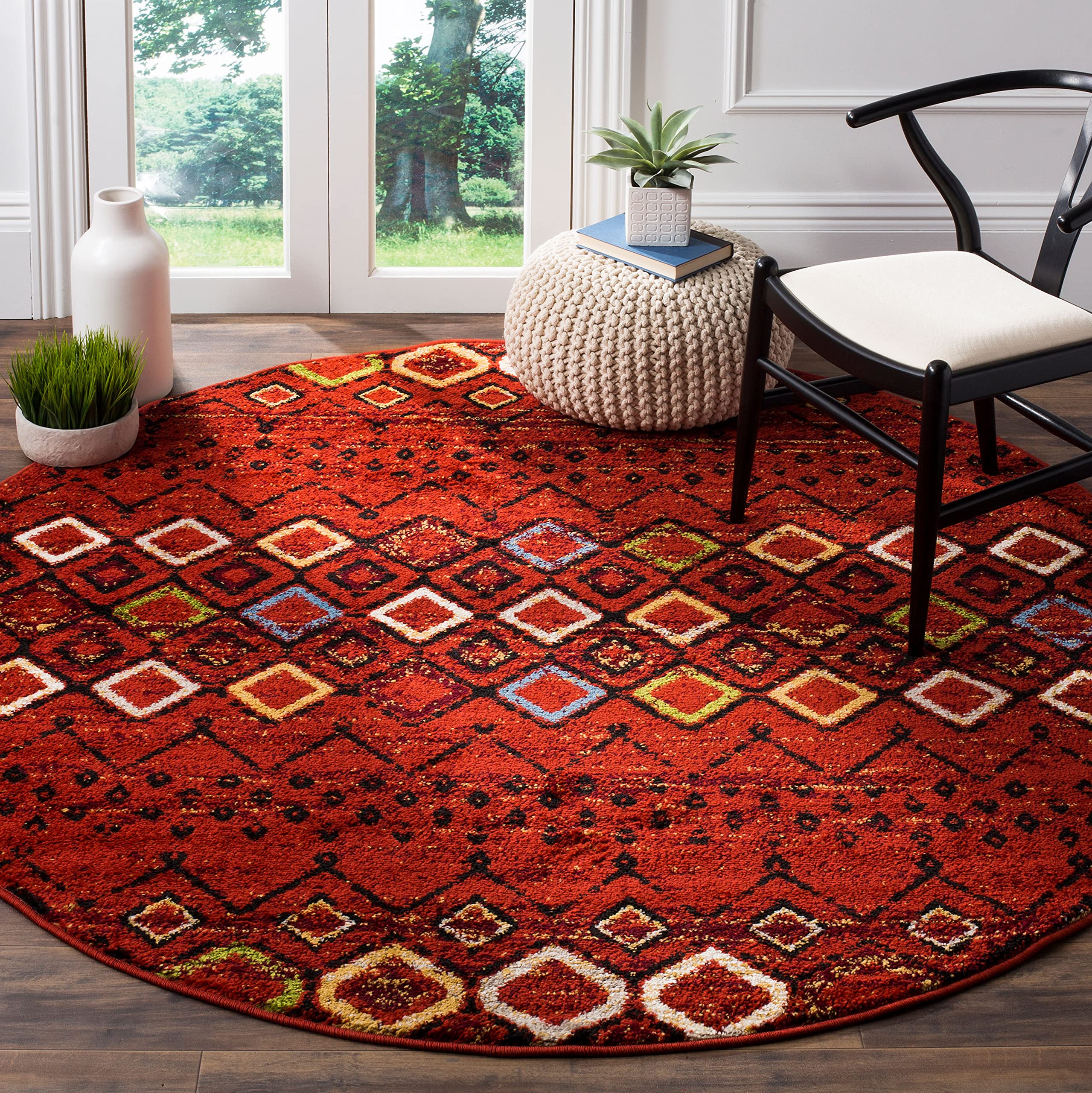 SAFAVIEH Amsterdam Collection 67 Round Terracotta / Multi AMS108D Moroccan Boho Non-Shedding Dining Room Entryway Foyer Living 