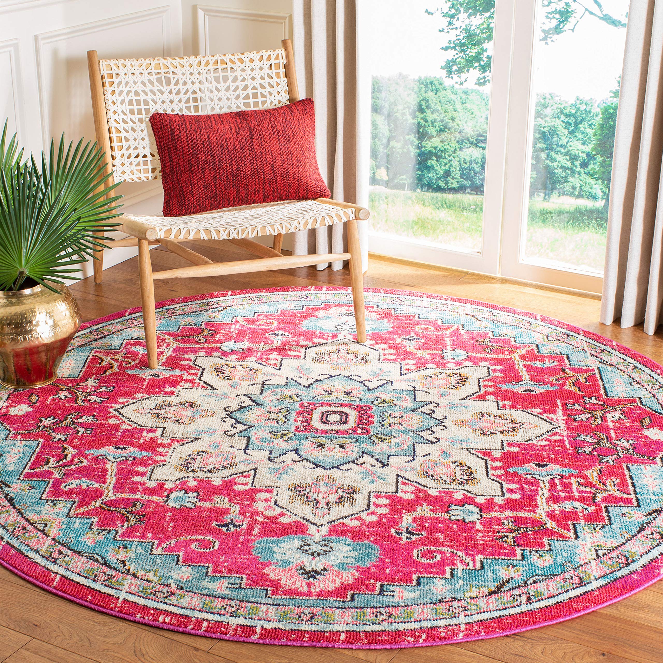 SAFAVIEH Madison Collection 9 Round FuchsiaBlue MAD473A Boho Chic Medallion Distressed Non-Shedding Dining Room Entryway Foyer 