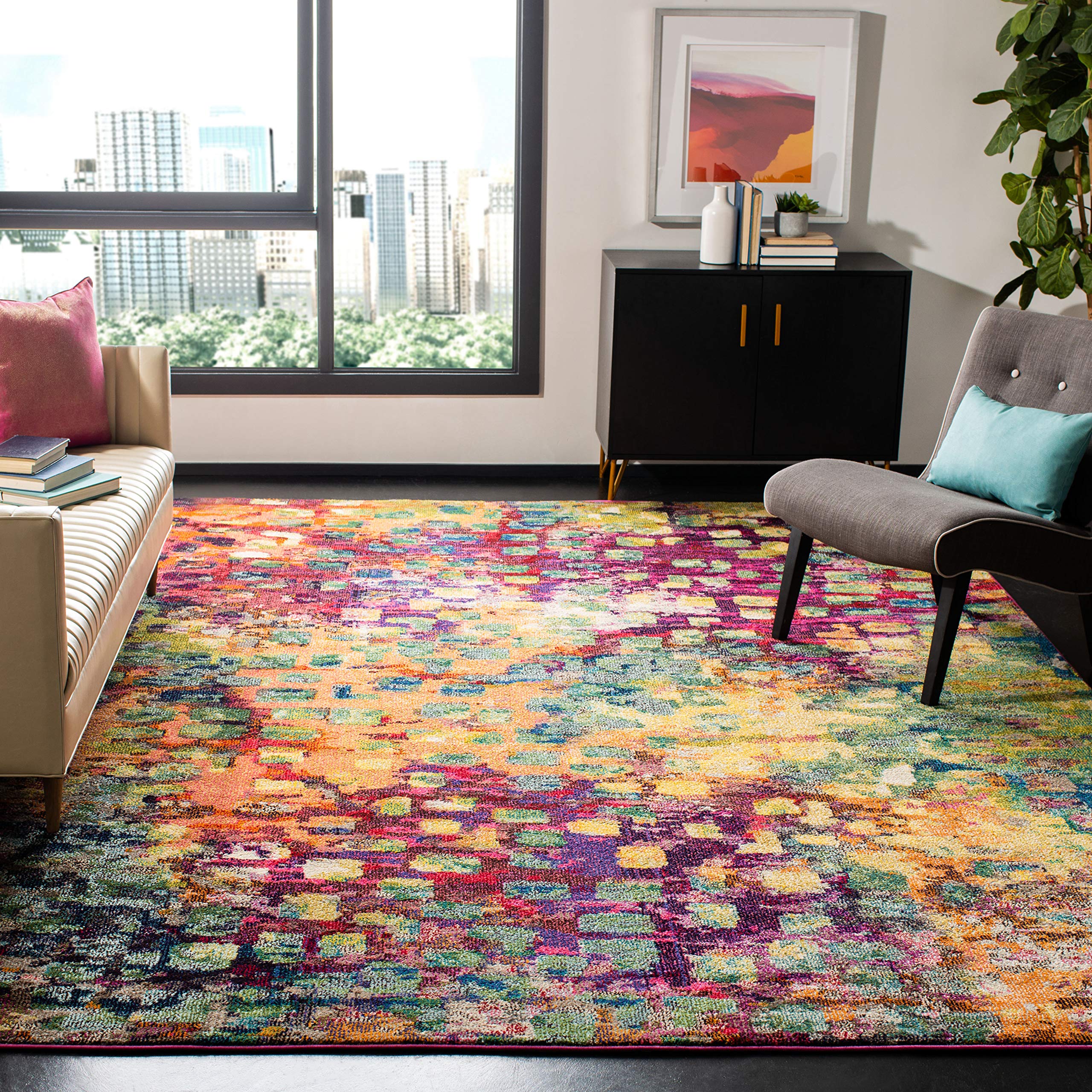 SAFAVIEH Monaco Collection 67 Square Pink/Multi MNC225D Boho Chic Abstract Watercolor Non-Shedding Living Room Bedroom Dining H