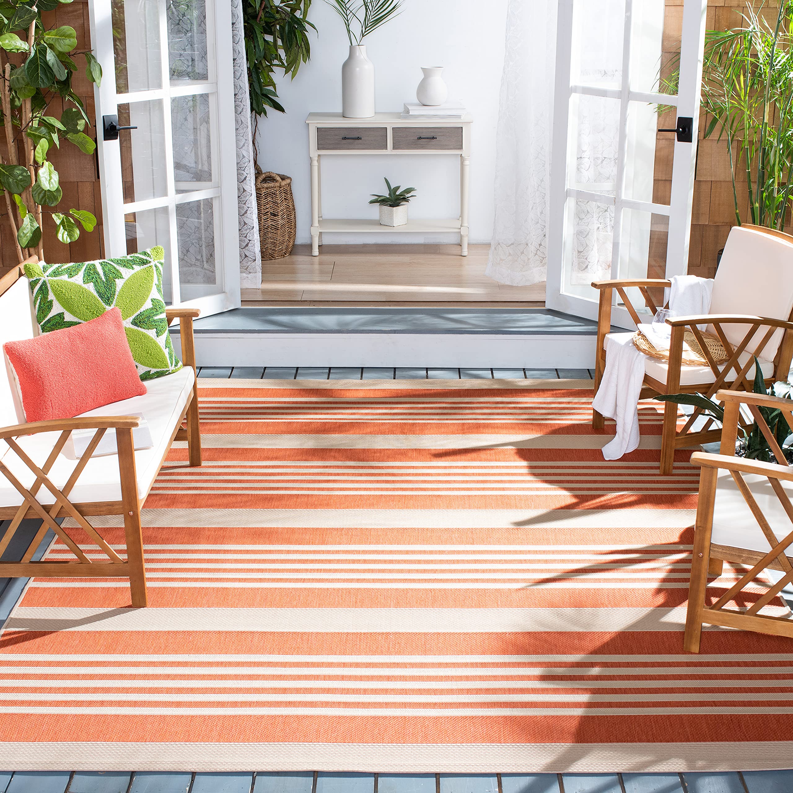 SAFAVIEH Courtyard Collection Area Rug - 67 x 96, Terracotta & Beige, Stripe Design, Non-Shedding & Easy Care, Indoor/Outdoor 