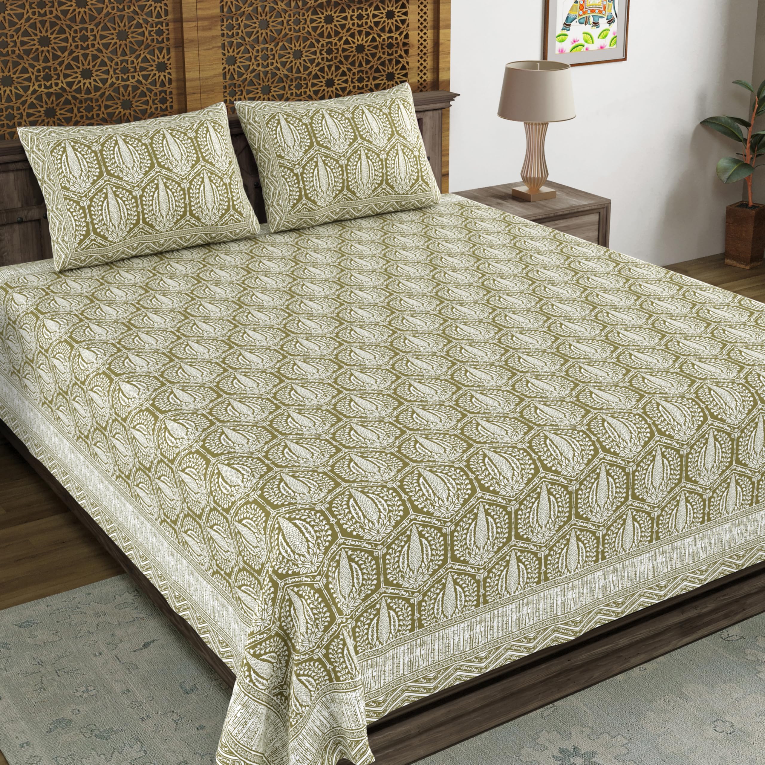 Blocks Of India Hand Block Printed 200 Tc Cotton Super King Size Bedsheet (Green Pine Tree)