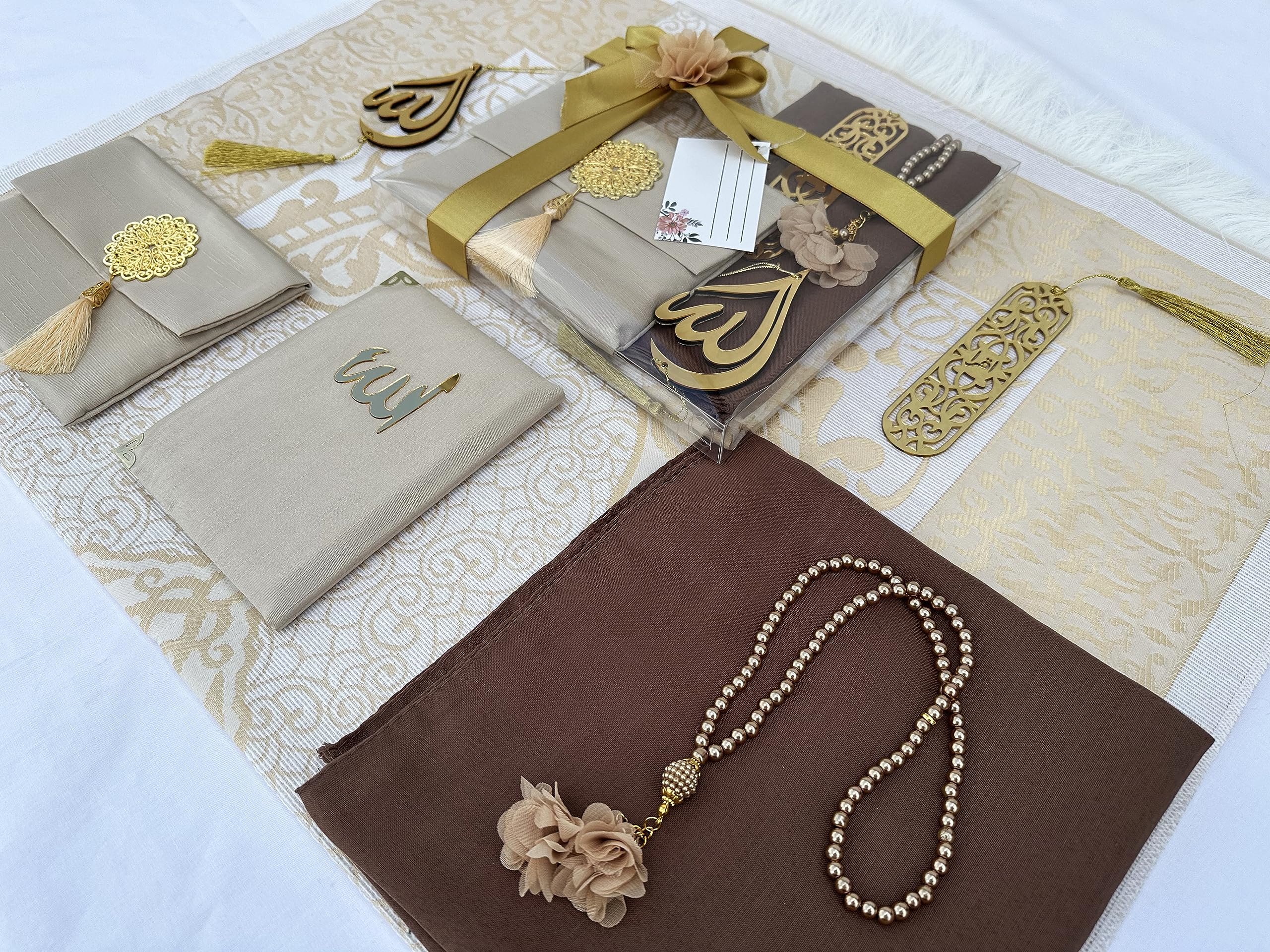 Muslim Prayer Rug, 7 in One Gift Set, Prayer Mat Surah Book, Tasbeeh, Scarf, Surah Case, Bookmark, Car Mirror Hanger, Prayer Bea