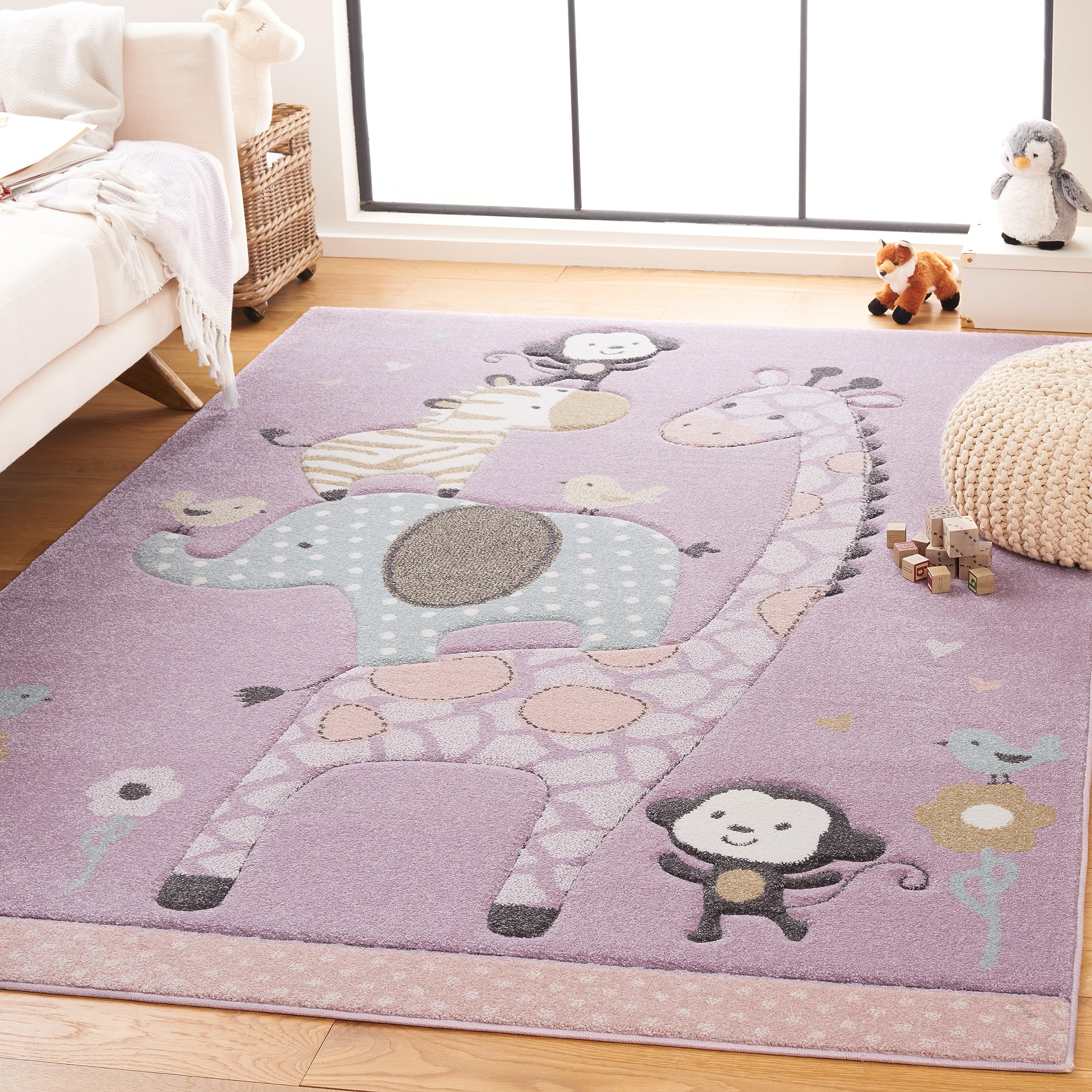 SAFAVIEH Carousel Kids Collection Area Rug - 4 Square, Purple, Animal Design, Ideal for High Traffic Area for Boys & Girls in P