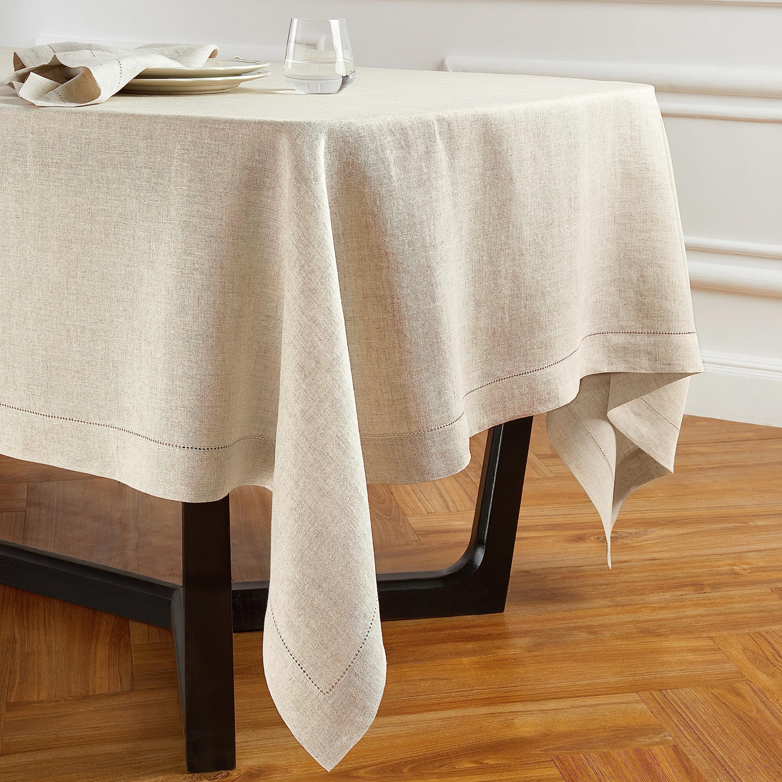 Solino Home Flax Linen Tablecloth 90'' L X 70'' W Inch - Sonoma Hemstitch 100% Pure Linen Prewashed Table Cloth For Rectangle Ta