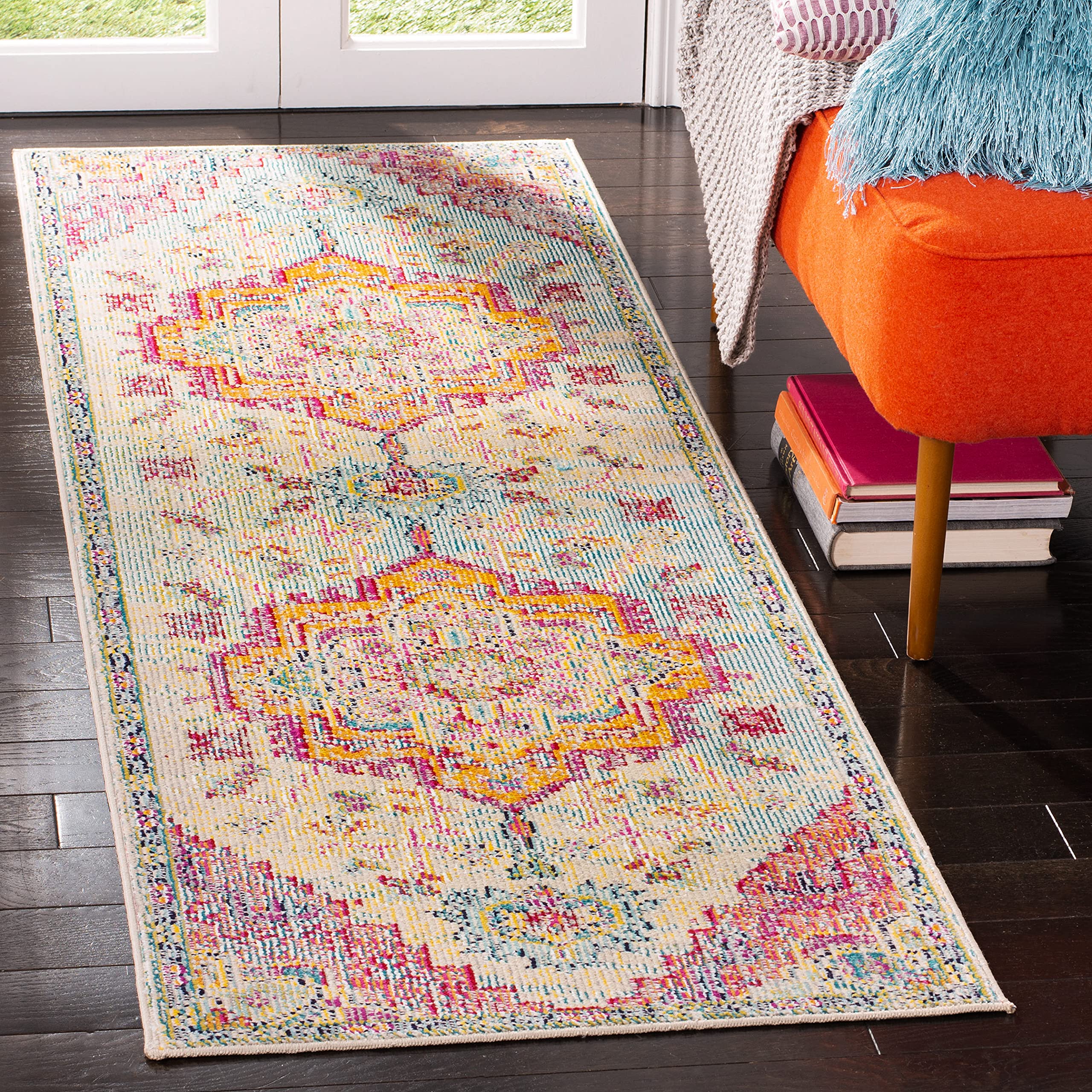 SAFAVIEH Crystal Collection Runner Rug - 22 x 9, Light Blue & Fuchsia, Medallion Distressed Design, Non-Shedding & Easy Care, 