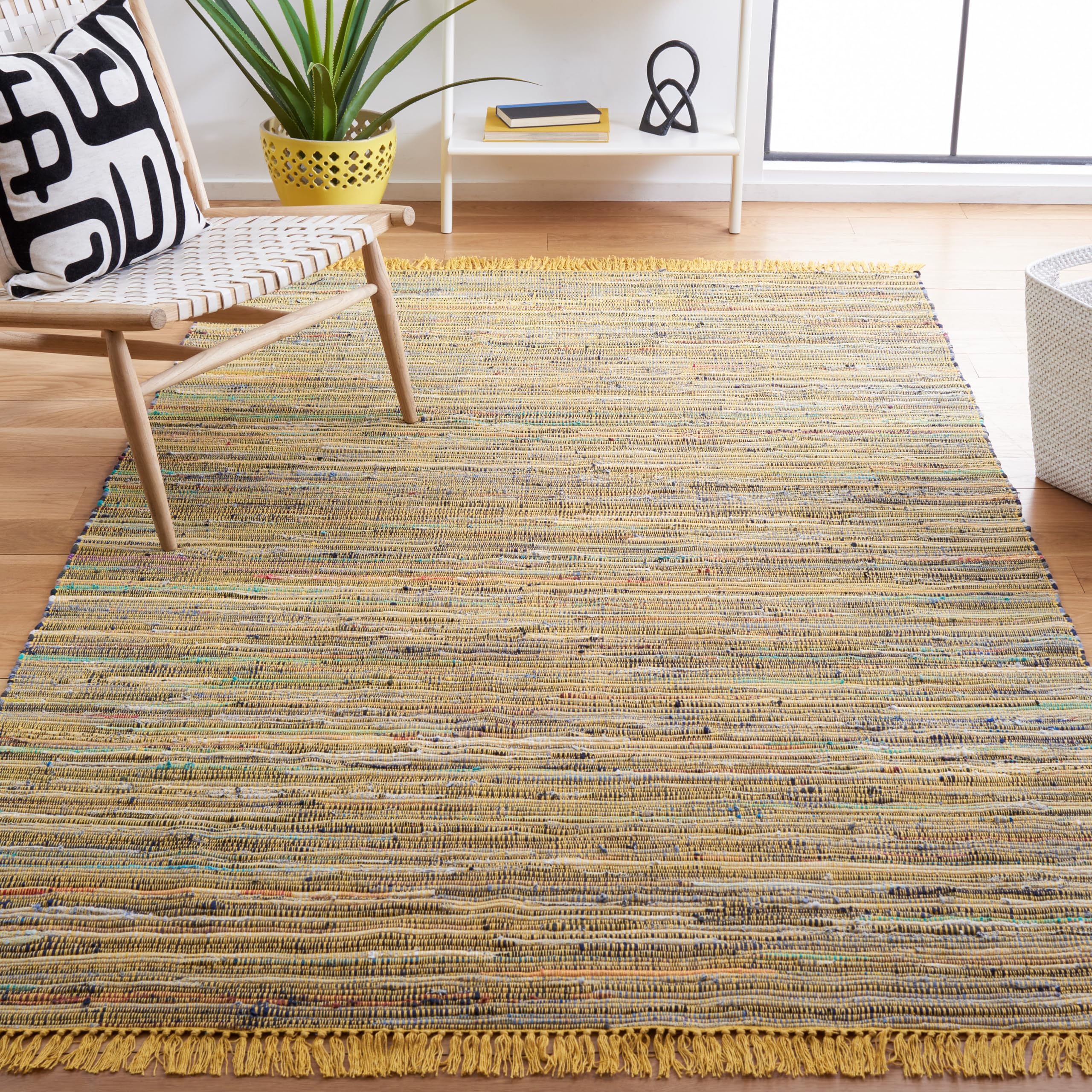 SAFAVIEH Rag Rug Collection Area Rug - 6 x 9, Yellow & Multi, Handmade Boho Stripe Cotton, Ideal for High Traffic Areas in Liv