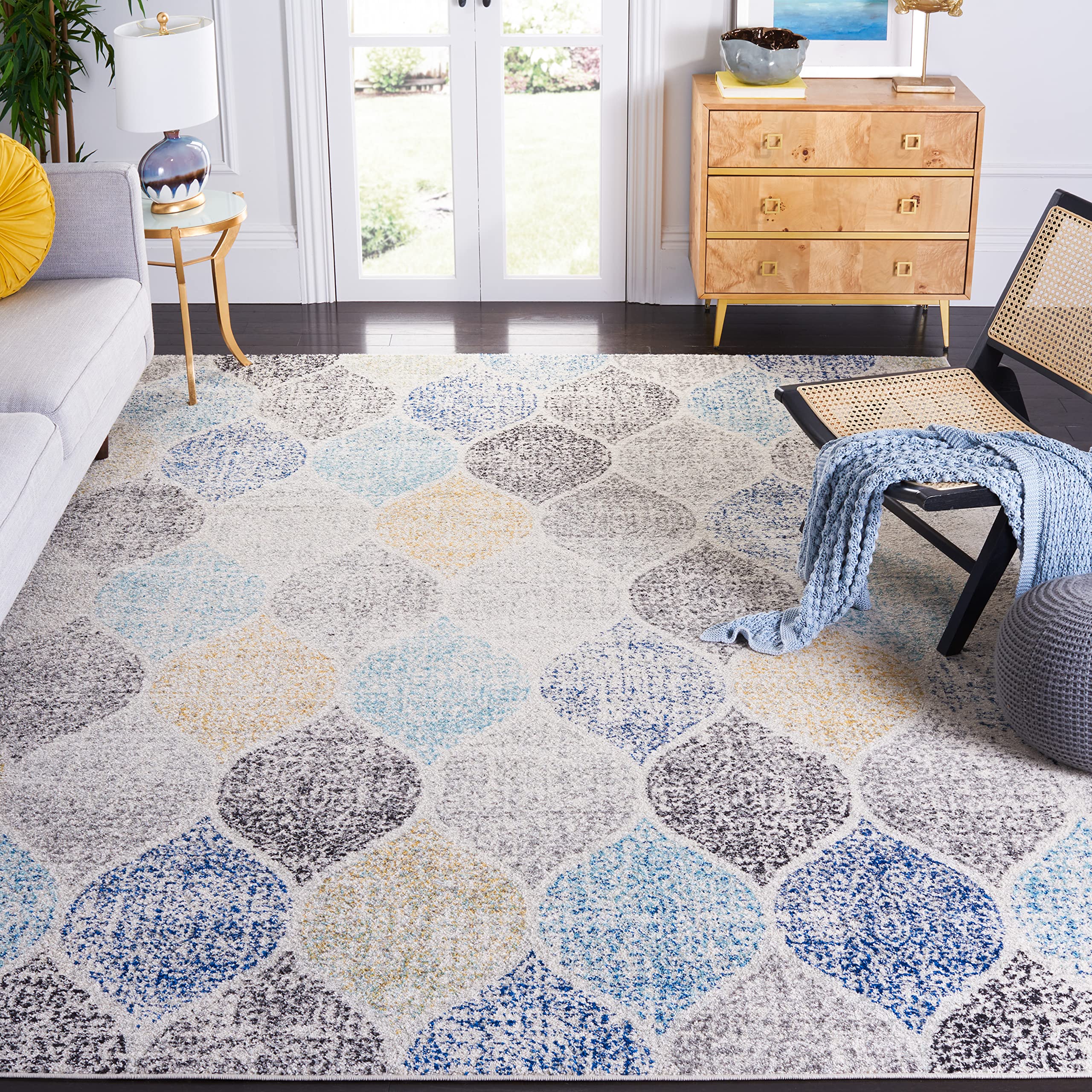 SAFAVIEH Madison Collection 9 x 12 IvoryBlue MAD604D Glam Ogee Trellis Distressed Non-Shedding Living Room Bedroom Dining Home