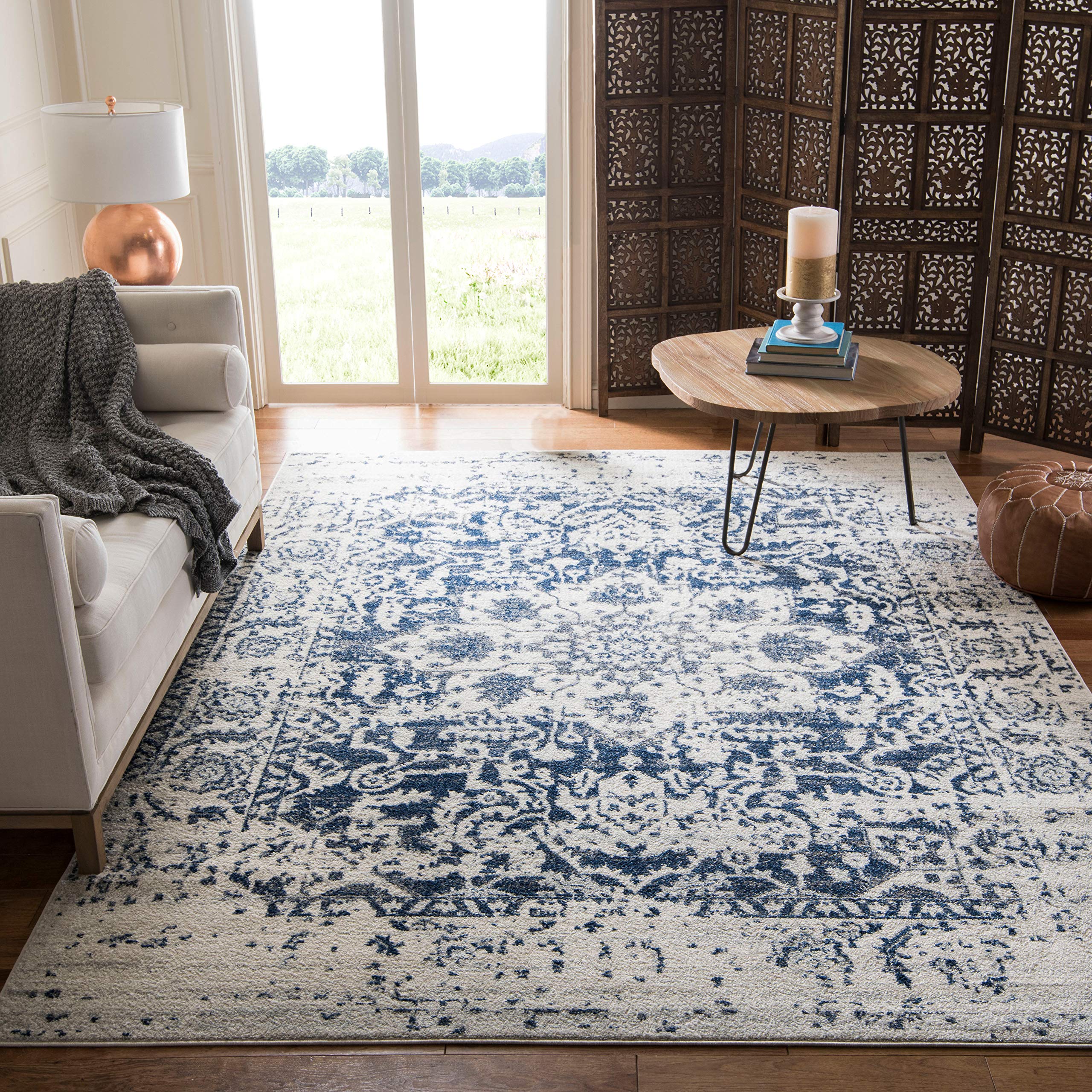 SAFAVIEH Madison Collection Area Rug - 8 Square, Cream & Navy, Snowflake Medallion Distressed Design, Non-Shedding & Easy Care,