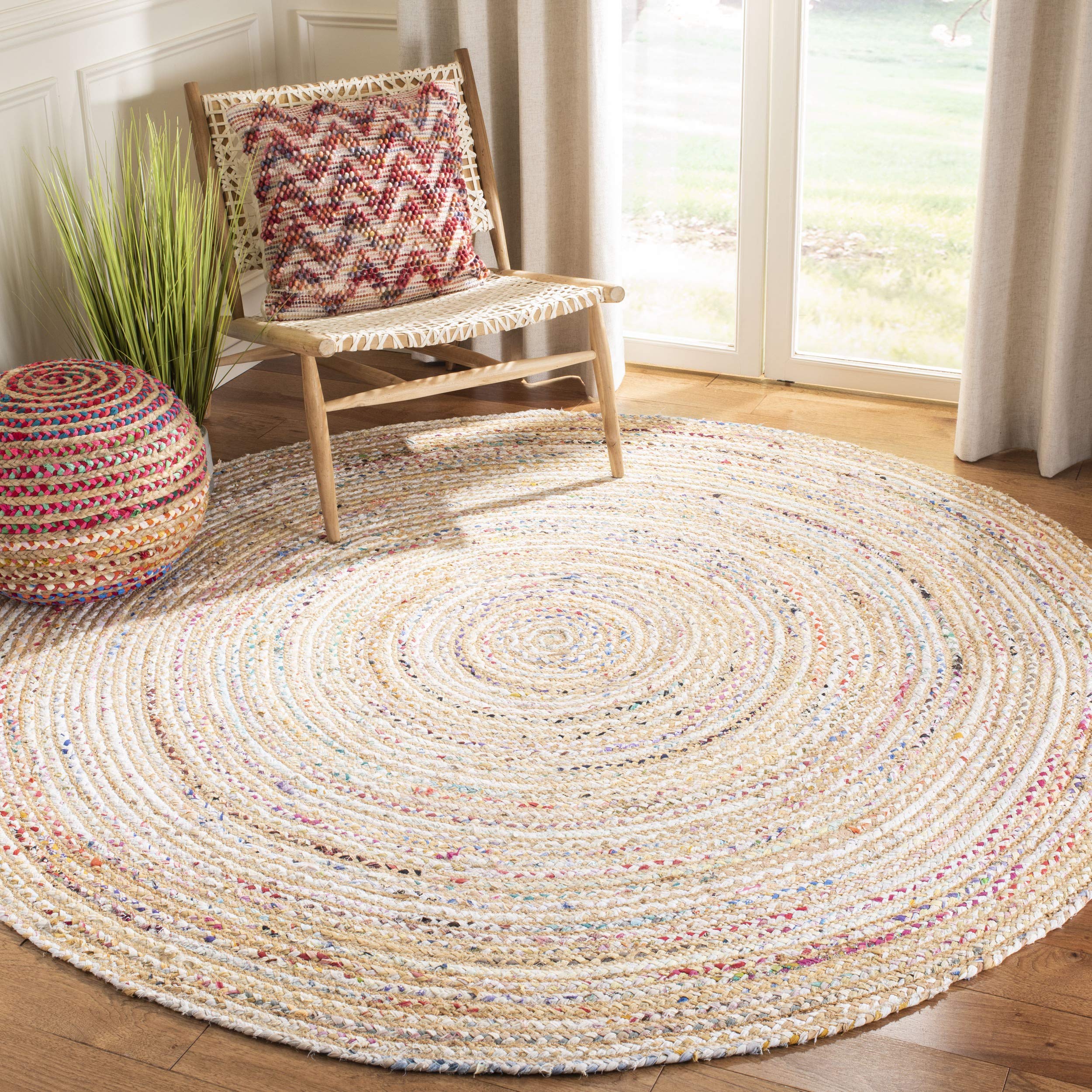 SAFAVIEH Cape Cod Collection Area Rug - 8 Round, Beige & Multi, Handmade Boho Braided Jute & Cotton, Ideal for High Traffic Are