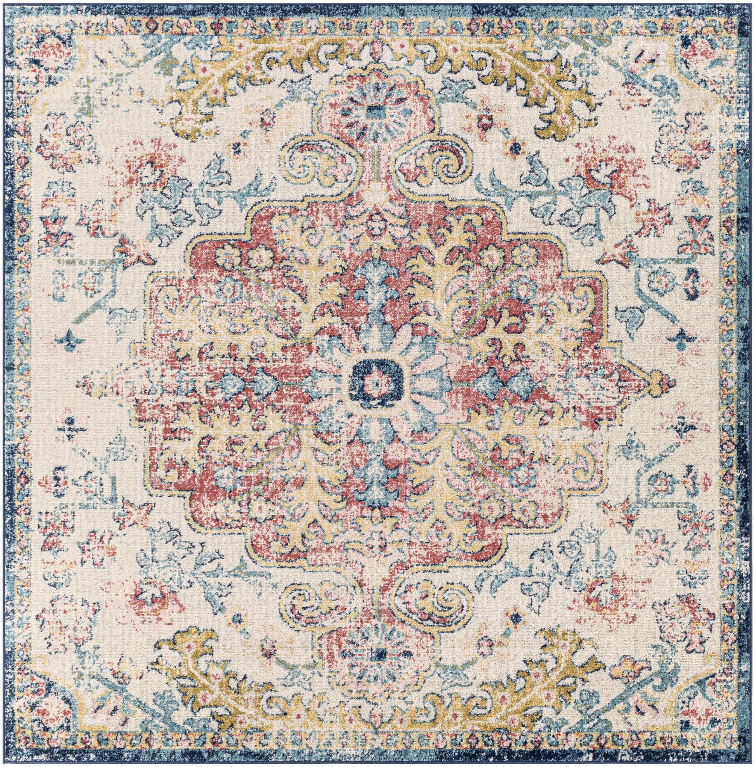 Livabliss Area Rugs - 8x8 Odelia Vintage Boho Aqua Burgandy Blue Square Area Rug for Living Room Bedroom - Floral Medallion Stai