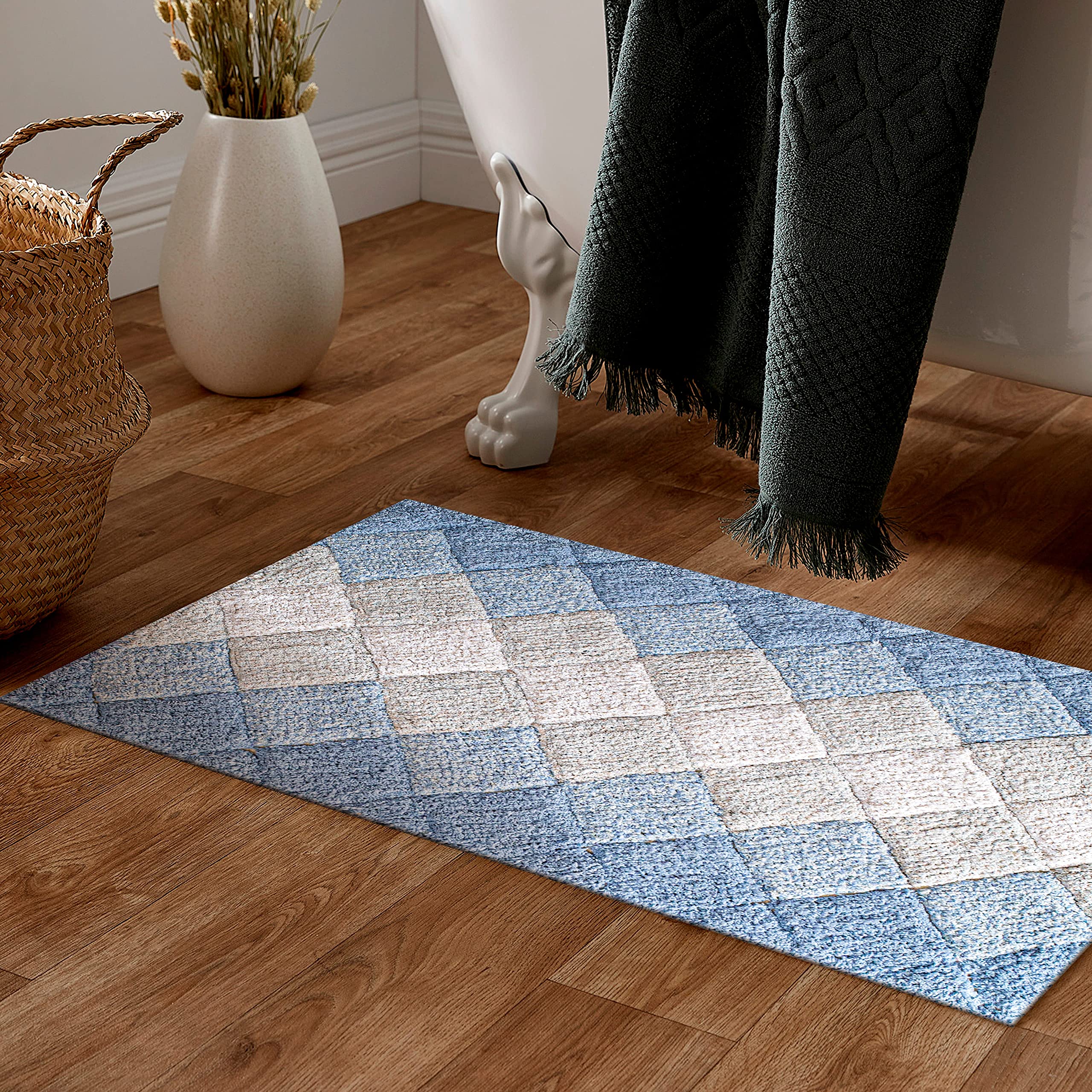 Bathroom Rugs Set 2 Piece in 100% Cotton Albany Inspired Bath Rugs 21x32/17x34  Blue Combo Anitskid Bath Rugs Set Cotton Bath Mat Cotton Bath Rugs Soft Absorbent Machine Washable Non Slip Bath Rug