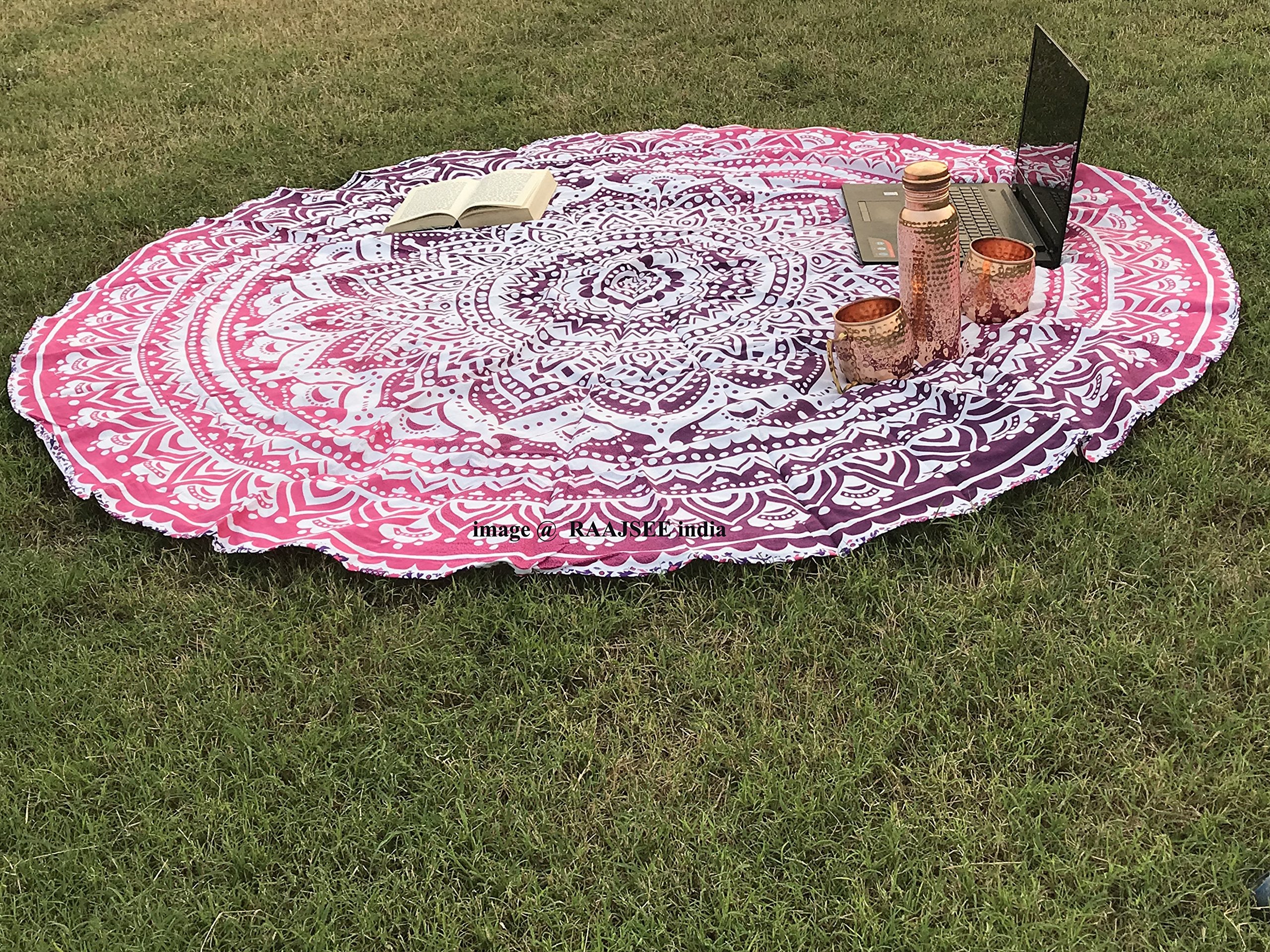 Raajsee Pink Ombre Round Beach Tapestry Hippie/Boho Beach Blanket Roundie/Indian Cotton Throw Bohemian Round Table Cloth/Yoga Ma