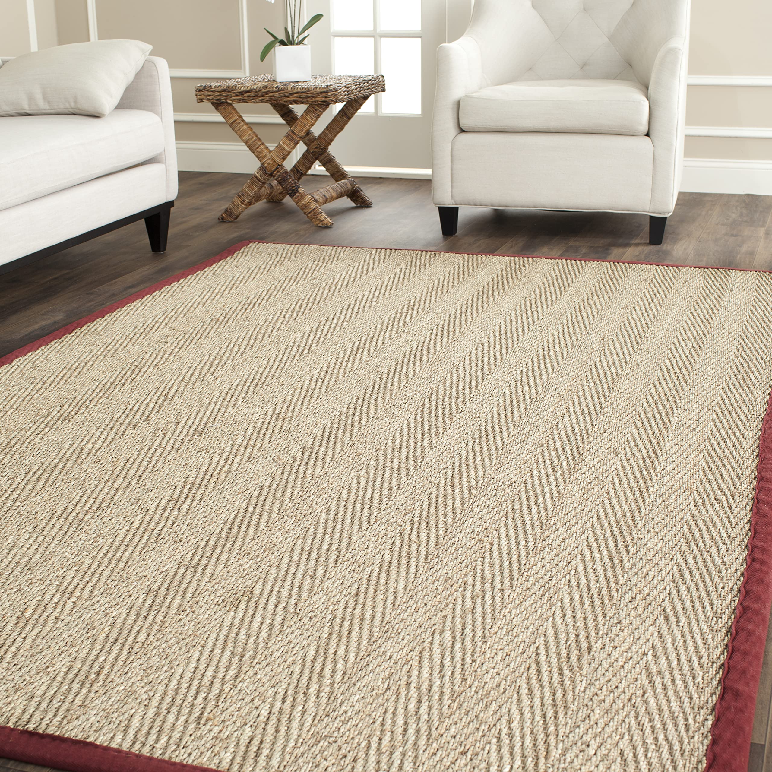 SAFAVIEH Natural Fiber Collection 8 Square Red NF115D Border Herringbone Seagrass Area Rug