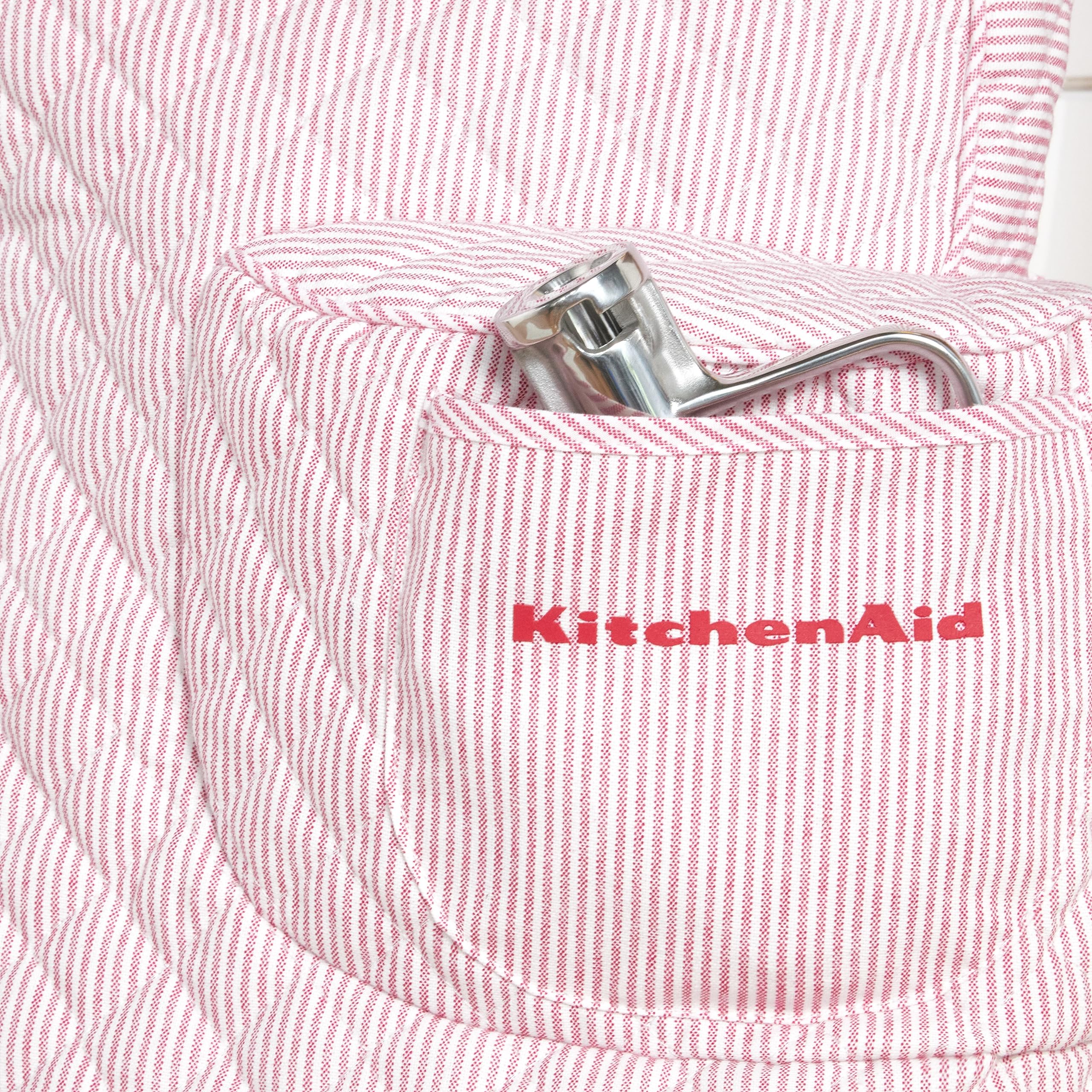Kitchenaid Fitted Tilt-Head Ticking Stripe Stand Mixer Cover With Storage Pocket, Quilted 100% Cotton, Hibiscus Pink, 14.4''X18'