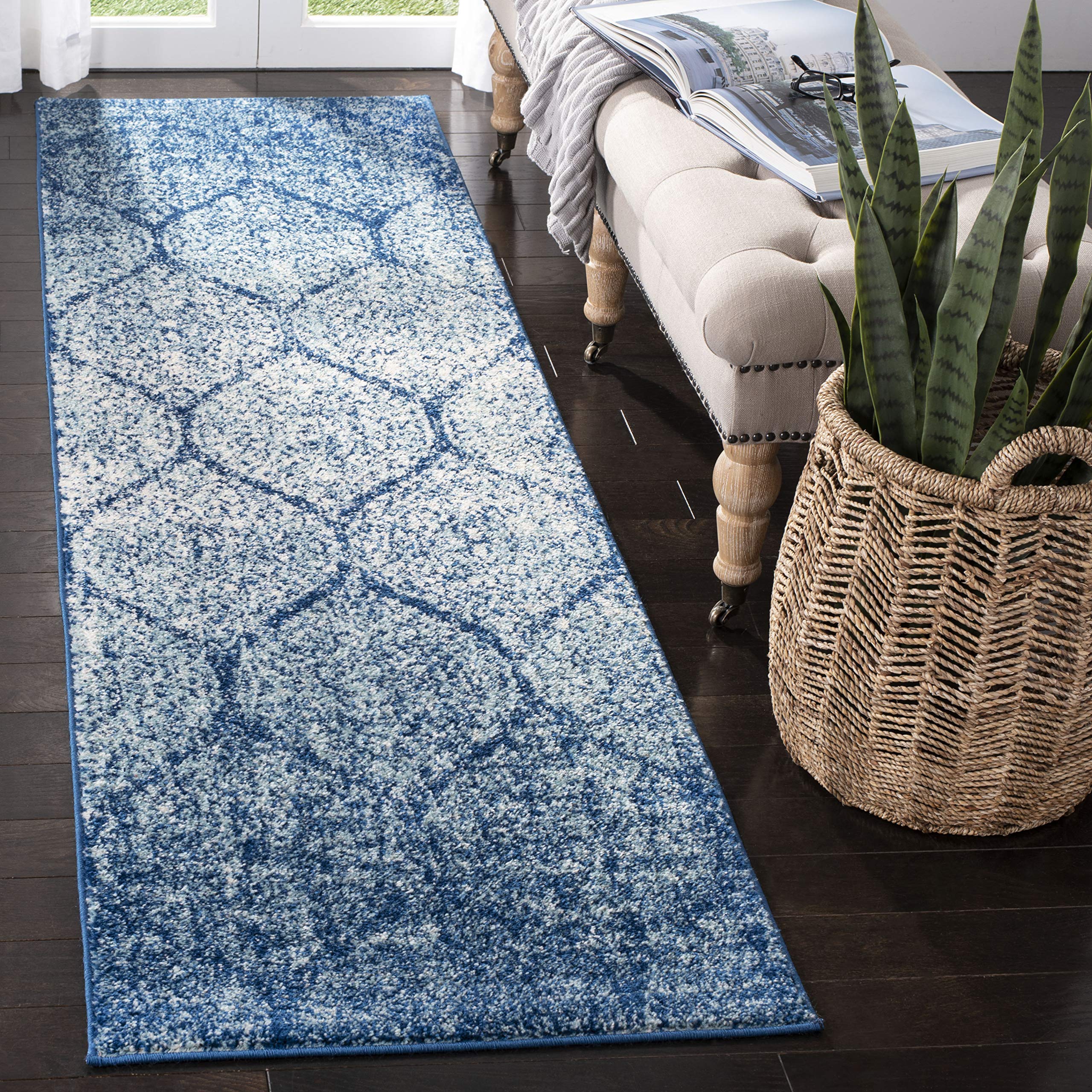 SAFAVIEH Madison Collection Runner Rug - 23 x 12, Navy & Blue, Glam Ogee Trellis Distressed Design, Non-Shedding & Easy Care, 