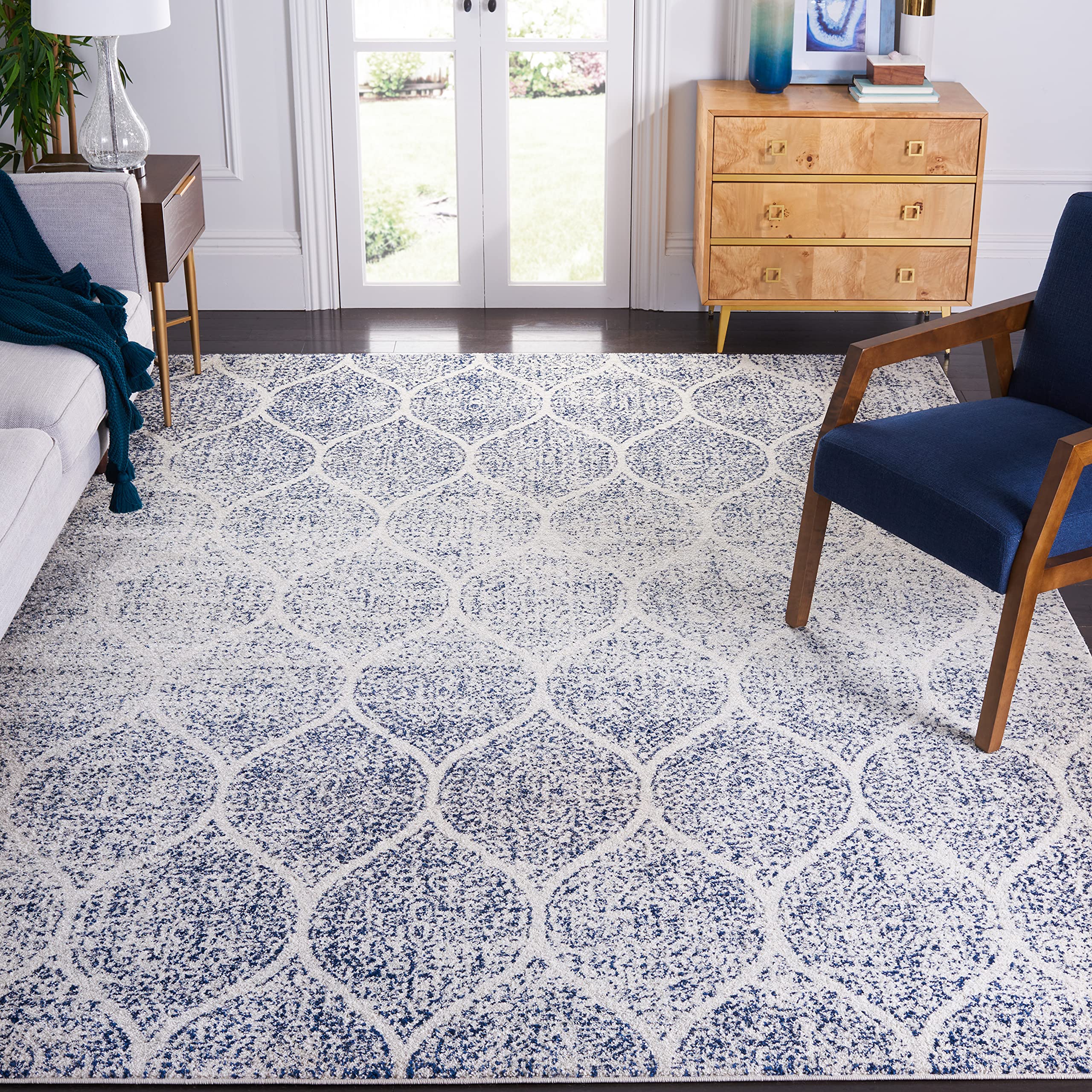 SAFAVIEH Madison Collection Area Rug - 9 x 12, Cream & Royal Blue, Glam Ogee Trellis Distressed Design, Non-Shedding & Easy Ca