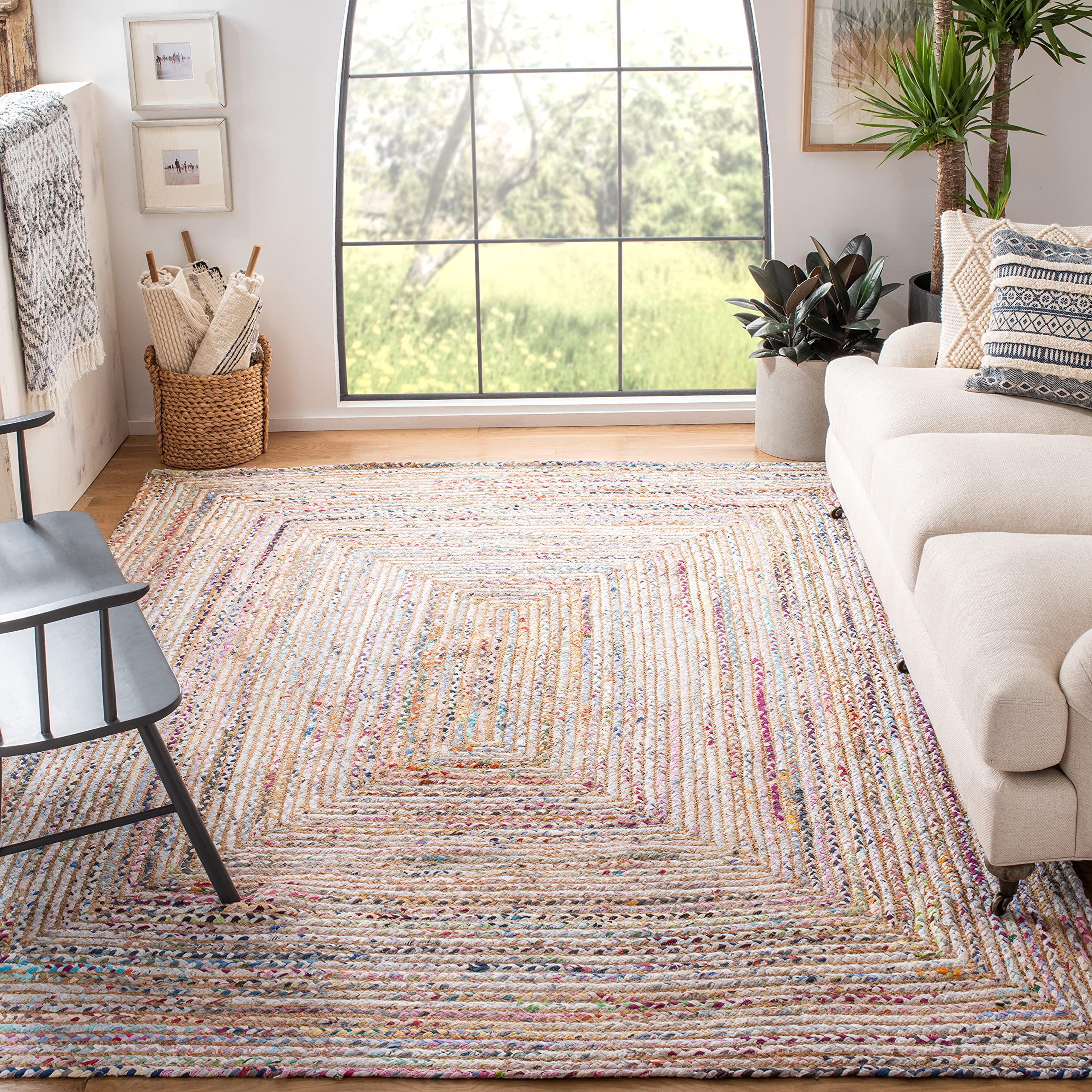 SAFAVIEH Cape Cod Collection Area Rug - 5 x 8, Beige & Multi, Handmade Boho Braided Jute & Cotton, Ideal for High Traffic Area