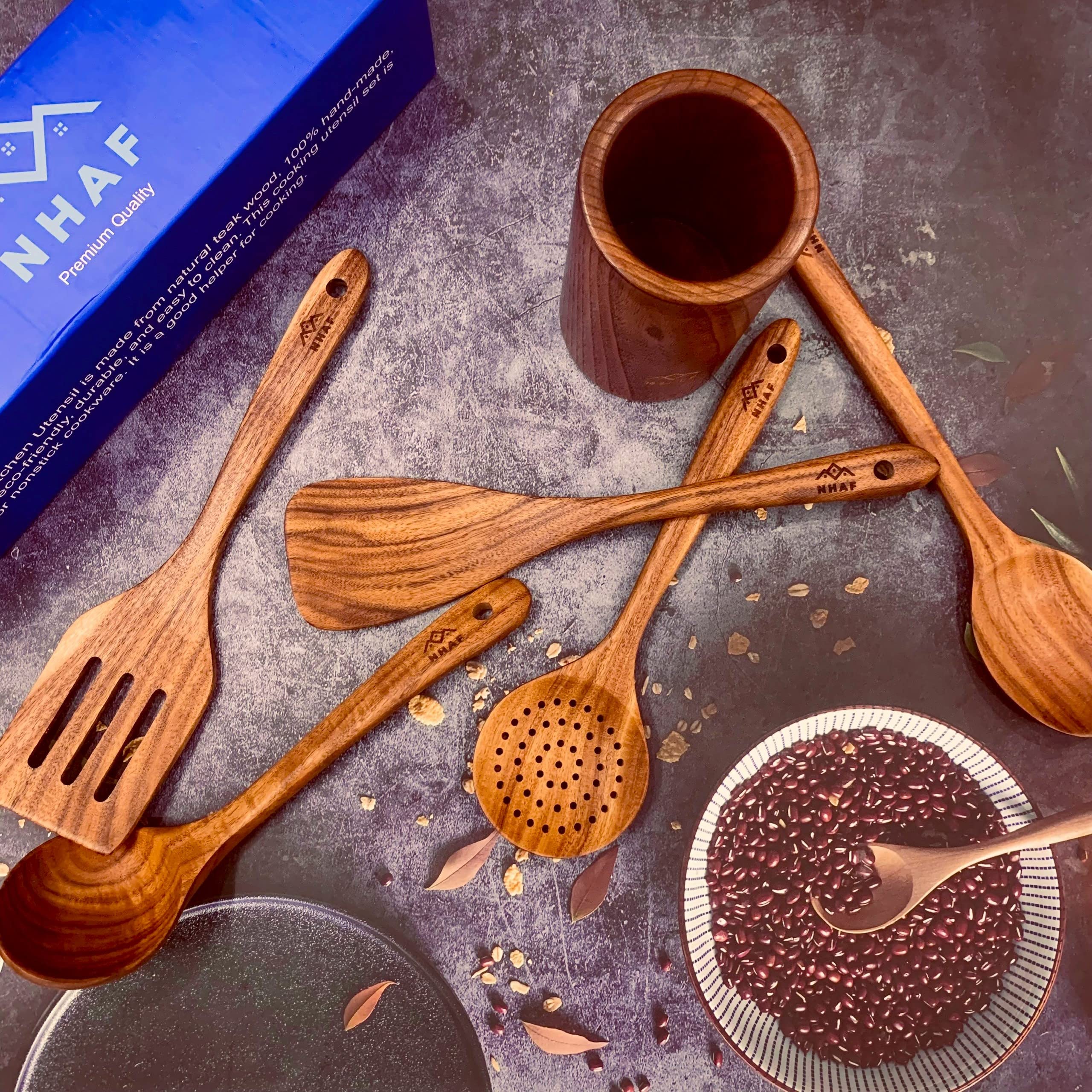 Nhaf Premium Teak Healthy Spoons, Durable Eco-Friendly Spatula, Wooden Utensils For Cooking Set With Holder & Canvas Bag, Wooden