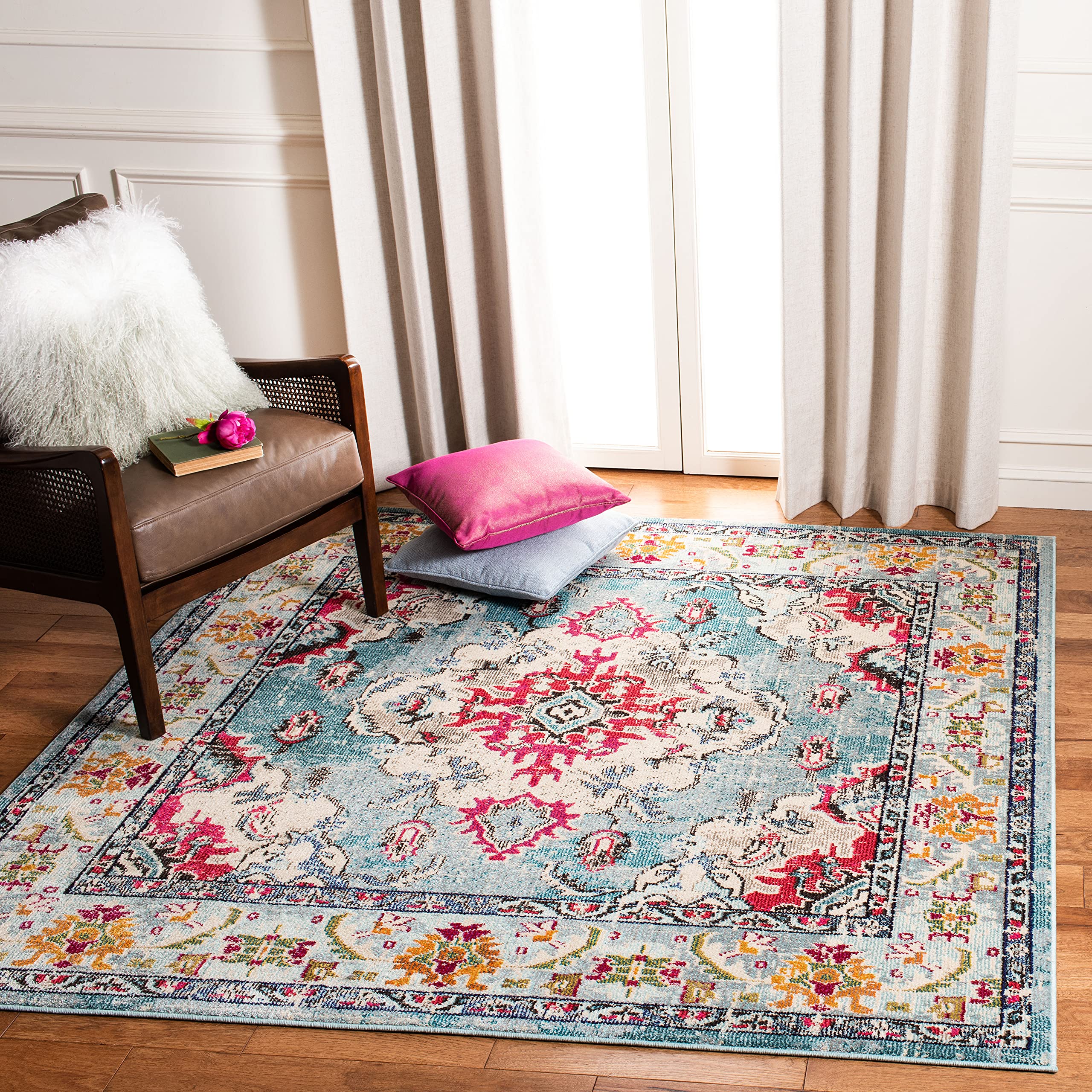 SAFAVIEH Monaco Collection Area Rug - 11 Square, Light Blue & Fuchsia, Boho Chic Medallion Distressed Design, Non-Shedding & Ea