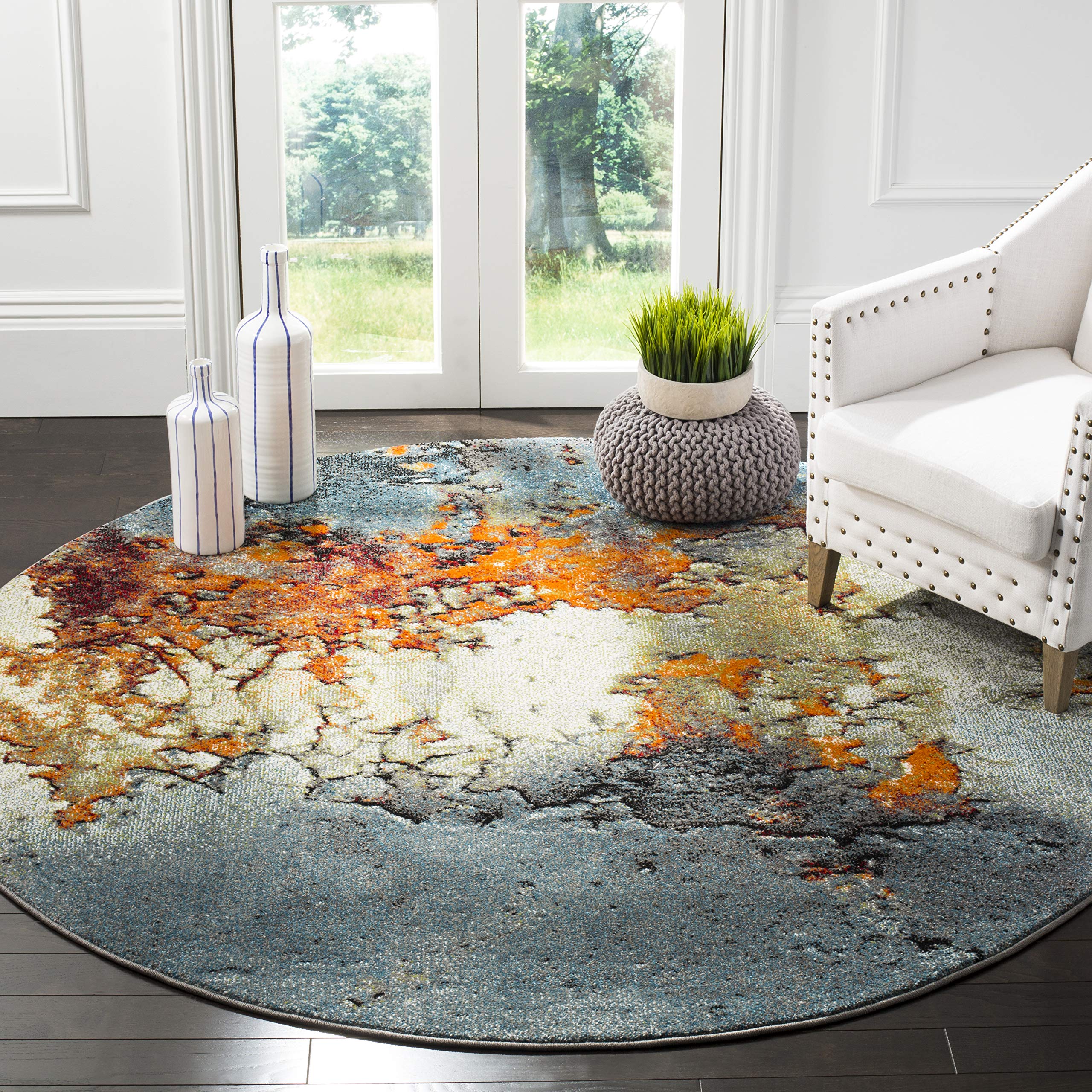 SAFAVIEH Glacier Collection 11 Round Blue/Multi GLA125B Modern Abstract Non-Shedding Dining Room Entryway Foyer Living Room Bed