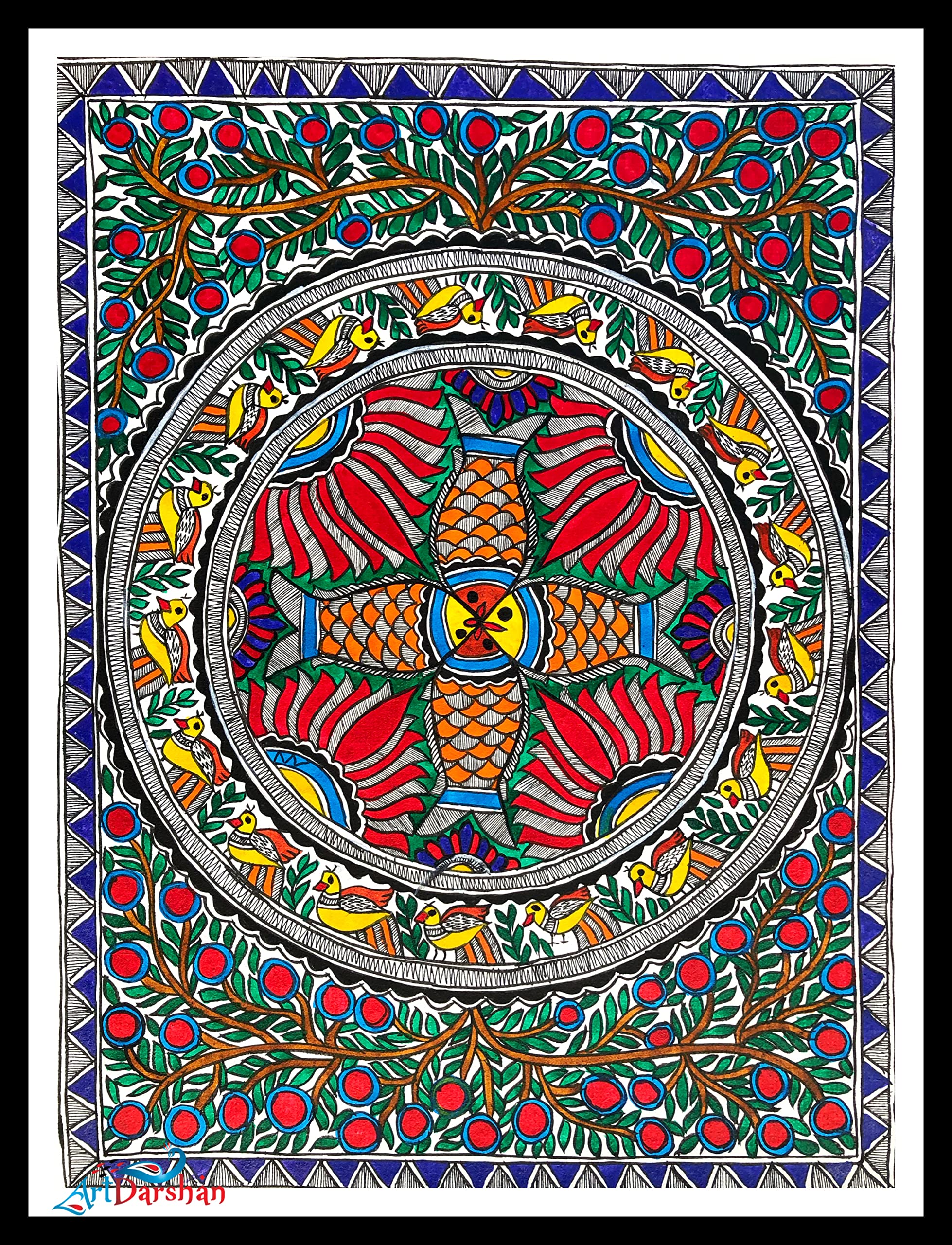 Artdarshan Framed Madhubani Painting | Traditional Madhubani Art | Handmade Khadi Sheet With Natural Colors | Home Decor
