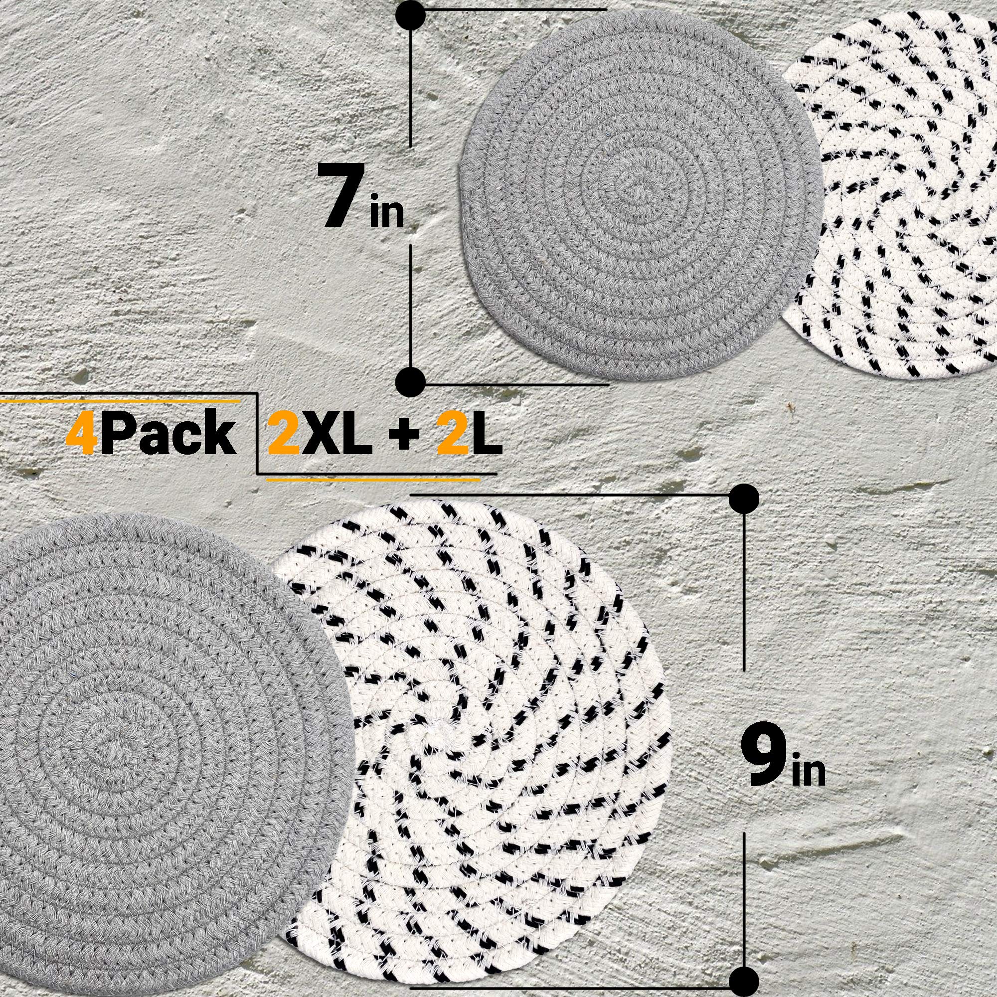 Set Of 4 Potholders & Trivets [2X9''+'' ''+''& ''+''2X7''+''] | Eco Pure Cotton Weave For Hot Pots & Pans | Gray + White & Black