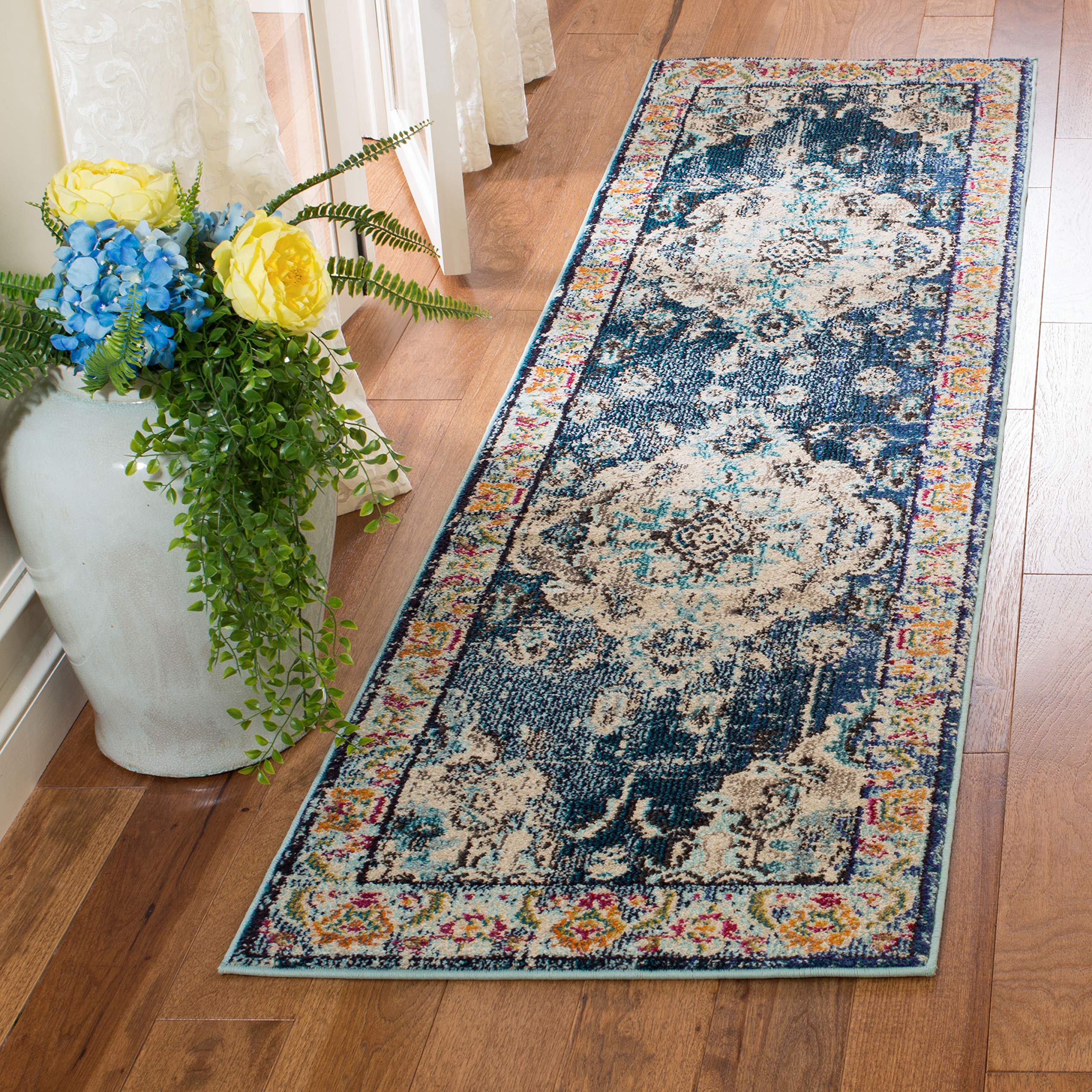 SAFAVIEH Monaco Collection Runner Rug - 22 x 18, Navy & Light Blue, Boho Chic Medallion Distressed Design, Non-Shedding & Easy