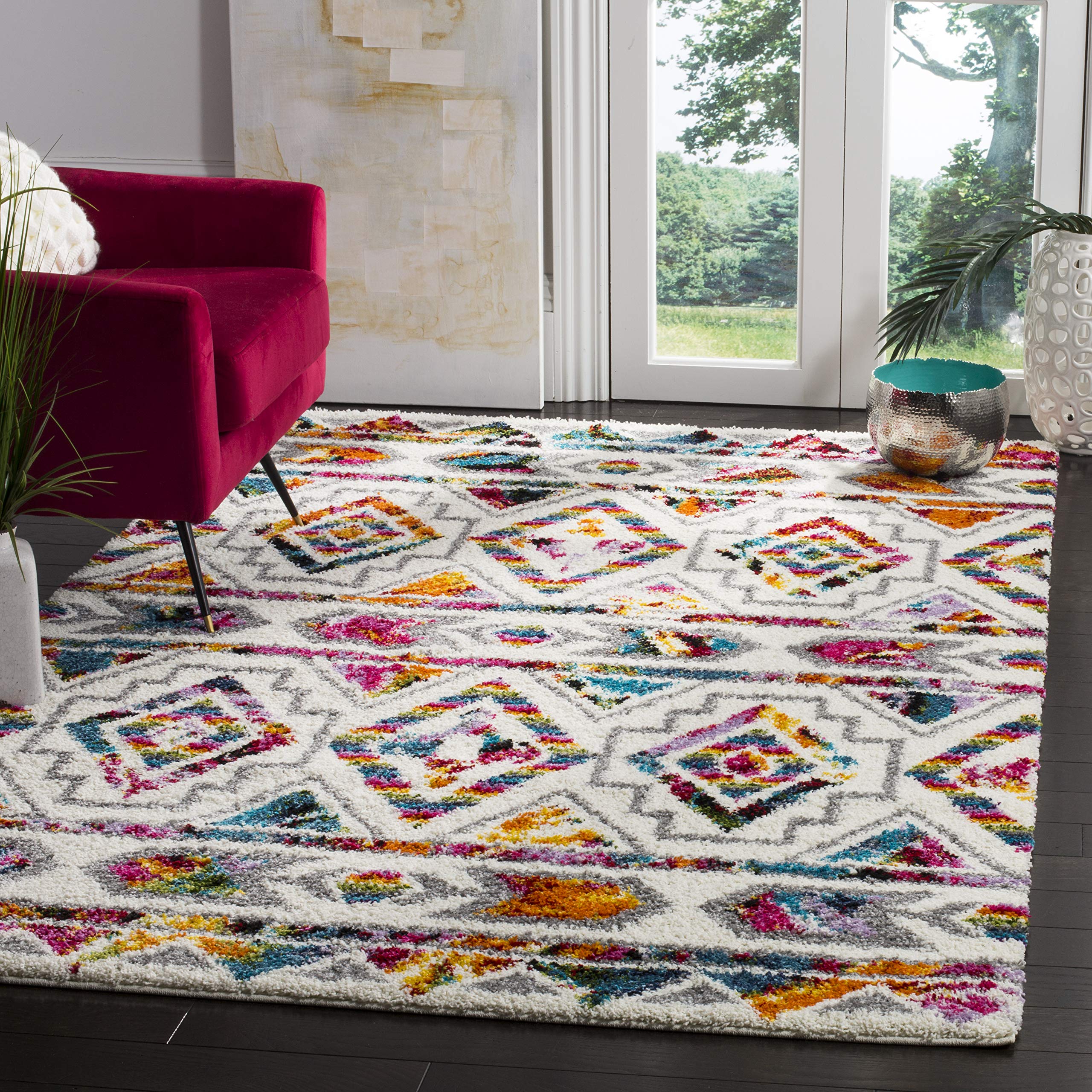 SAFAVIEH Fiesta Shag Collection 67 Square Cream/Multi FSG365A Moroccan Boho Non-Shedding Living Room Bedroom Area Rug