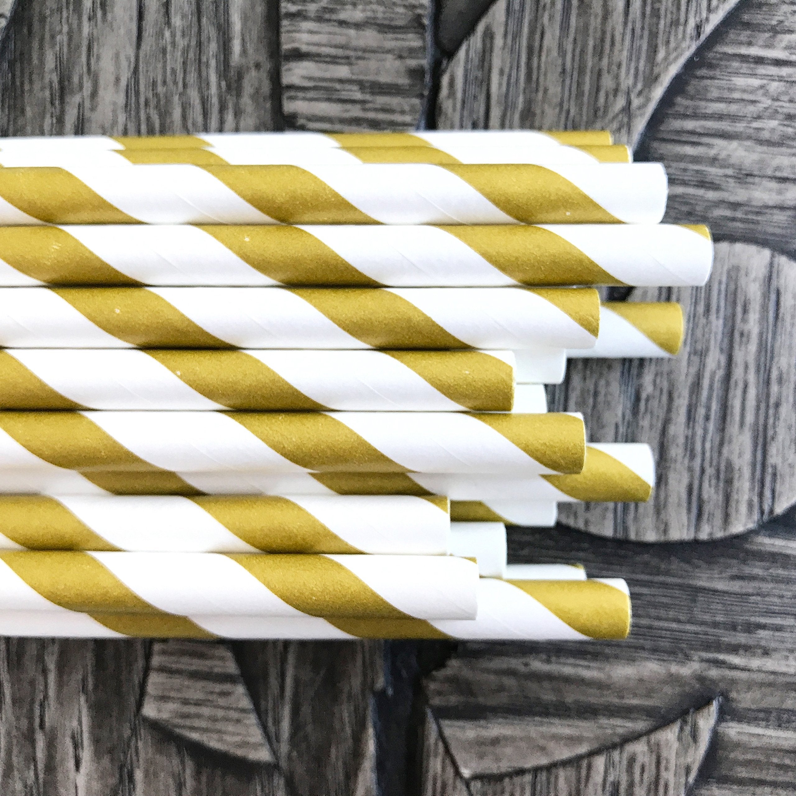 Striped Paper Straws - Gold White - Christmas Holiday Wedding Anniversary Supply - 7.75 Inches - 50 Pack - Outside The Box Paper