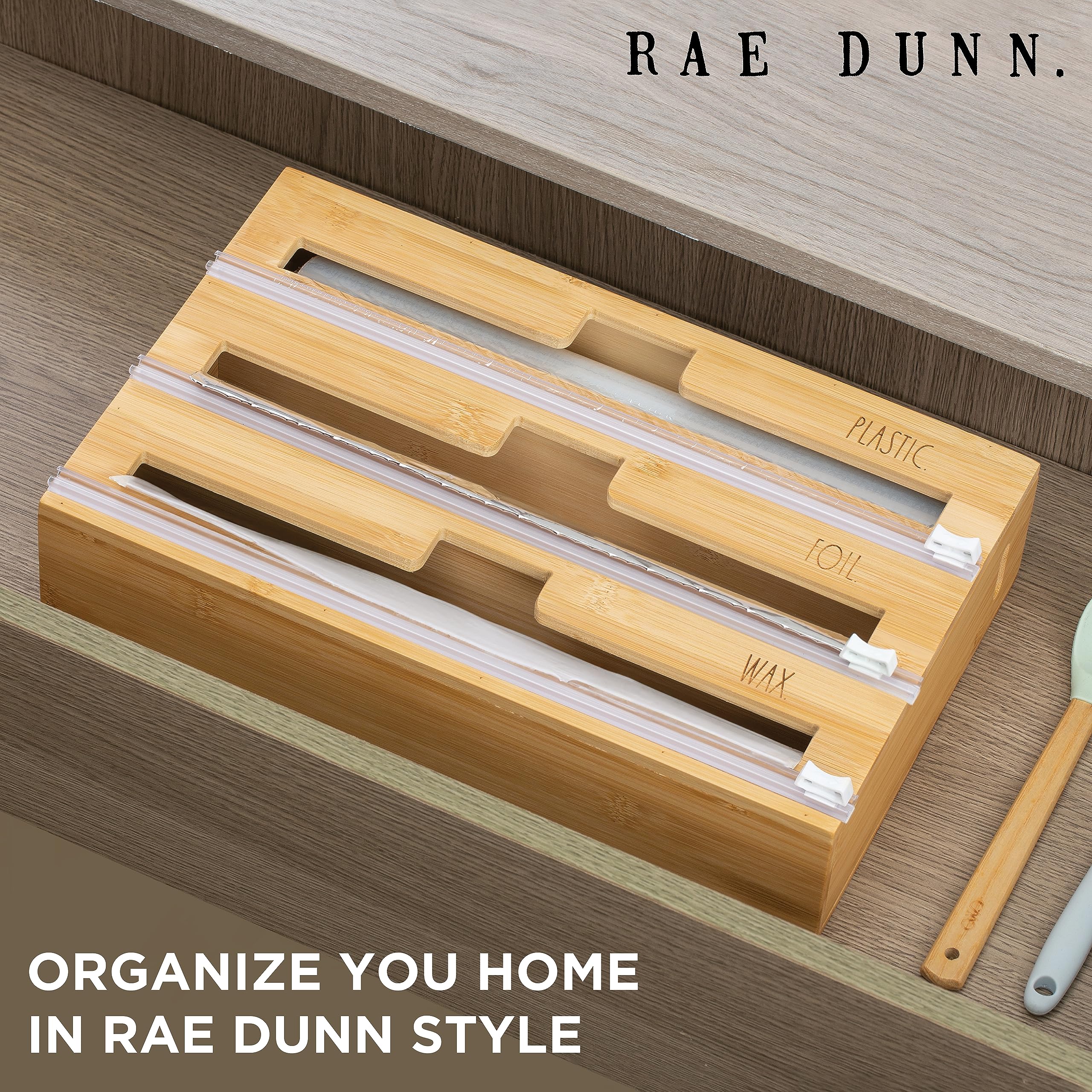 Rae Dunn 3 In 1 Wrap Organizer With Cutter, Plastic Wrap, Aluminum Foil And Wax Bamboo Dispenser For Kitchen Storage Organizatio
