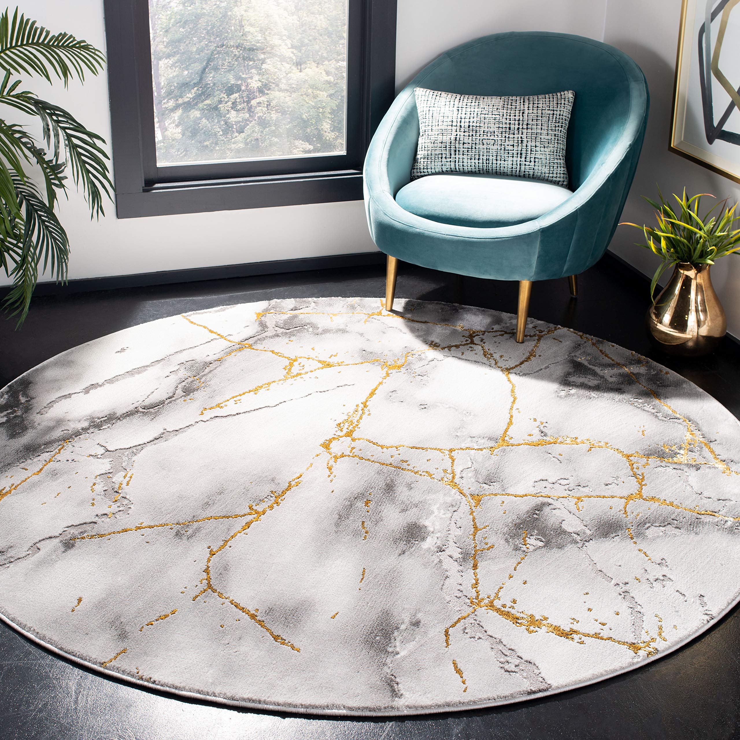 SAFAVIEH Craft Collection Area Rug - 8 Round, Grey & Gold, Modern Abstract Design, Non-Shedding & Easy Care, Ideal for High Tra