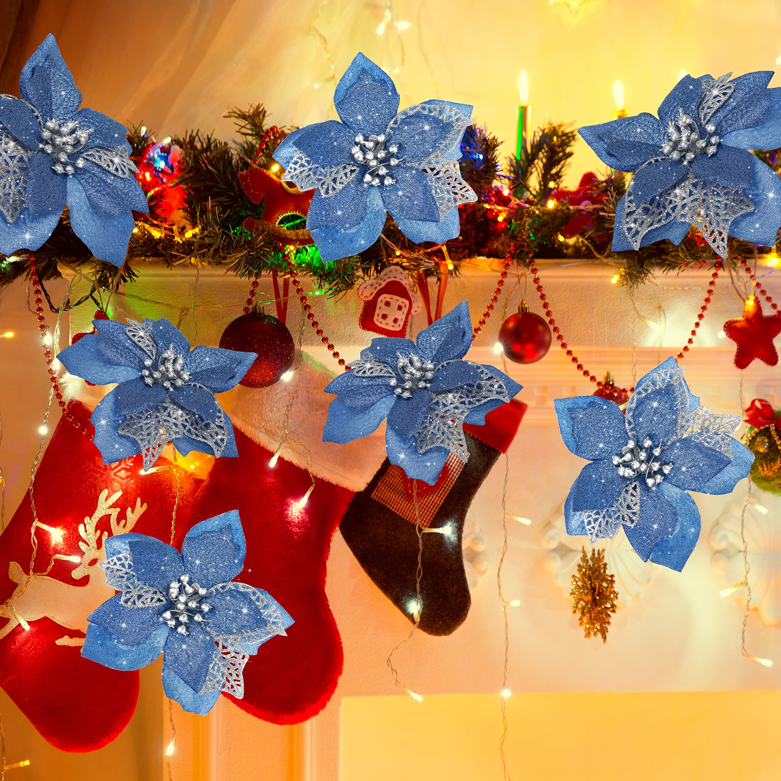 12 PCS Poinsettia Flower Artificial Poinsettia Christmas Decoration 5.9 Blue Glitter Poinsettias Christmas Ornaments Christmas