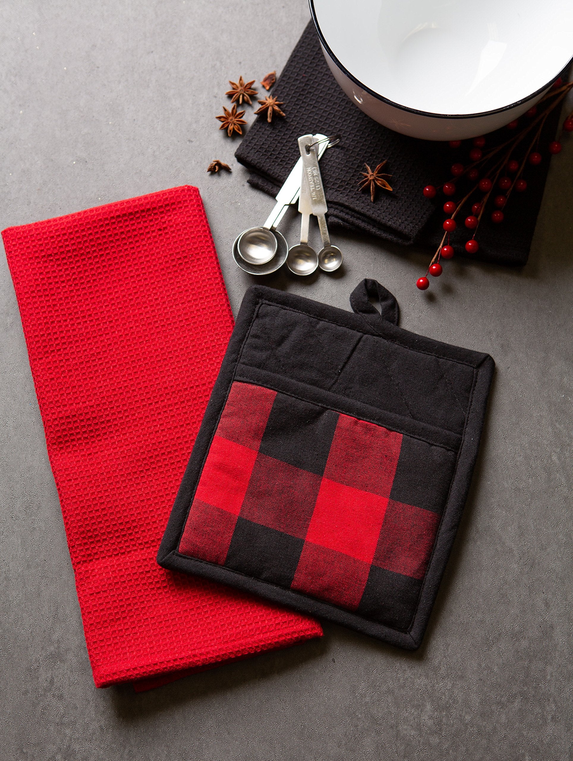 Dii Buffalo Check Kitchen Collection, Classic Farmhouse Kitchen Set, Potholder & Dishtowel, Red & Black, 3 Piece