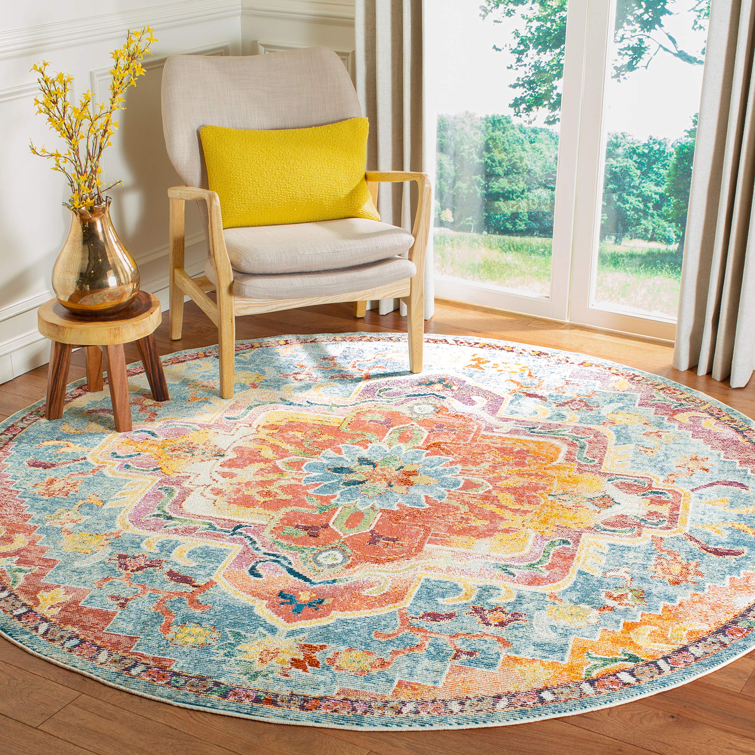 SAFAVIEH Crystal Collection Area Rug - 4 Round, Orange & Teal, Medallion Distressed Design, Non-Shedding & Easy Care, Ideal for