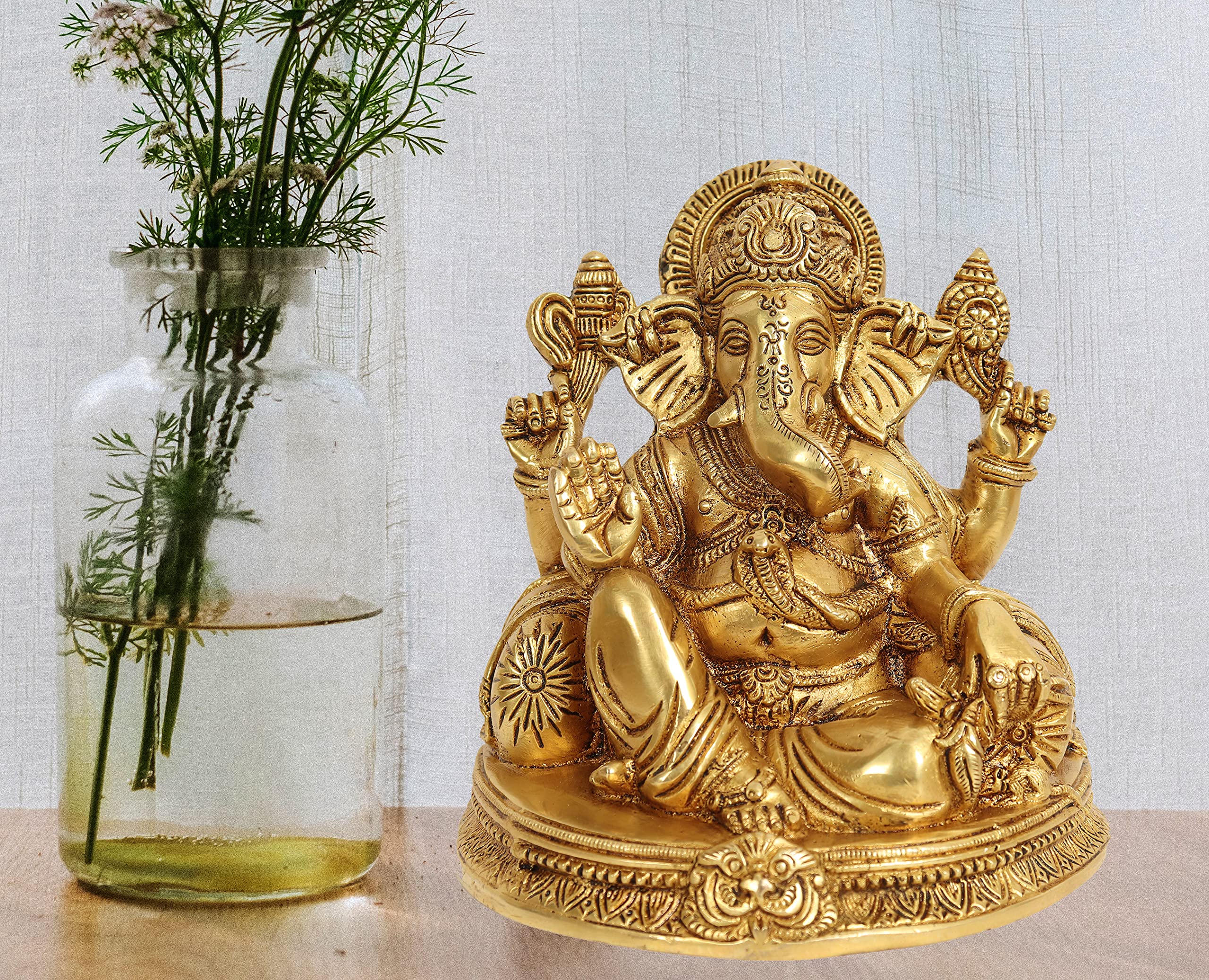 Racpree Brass Ganesha Idol For Home Decor, Ganpati Figurine Luck & Success Diwali Gifts, Statue - Yellow, Size-6 Inches, Wt - 22