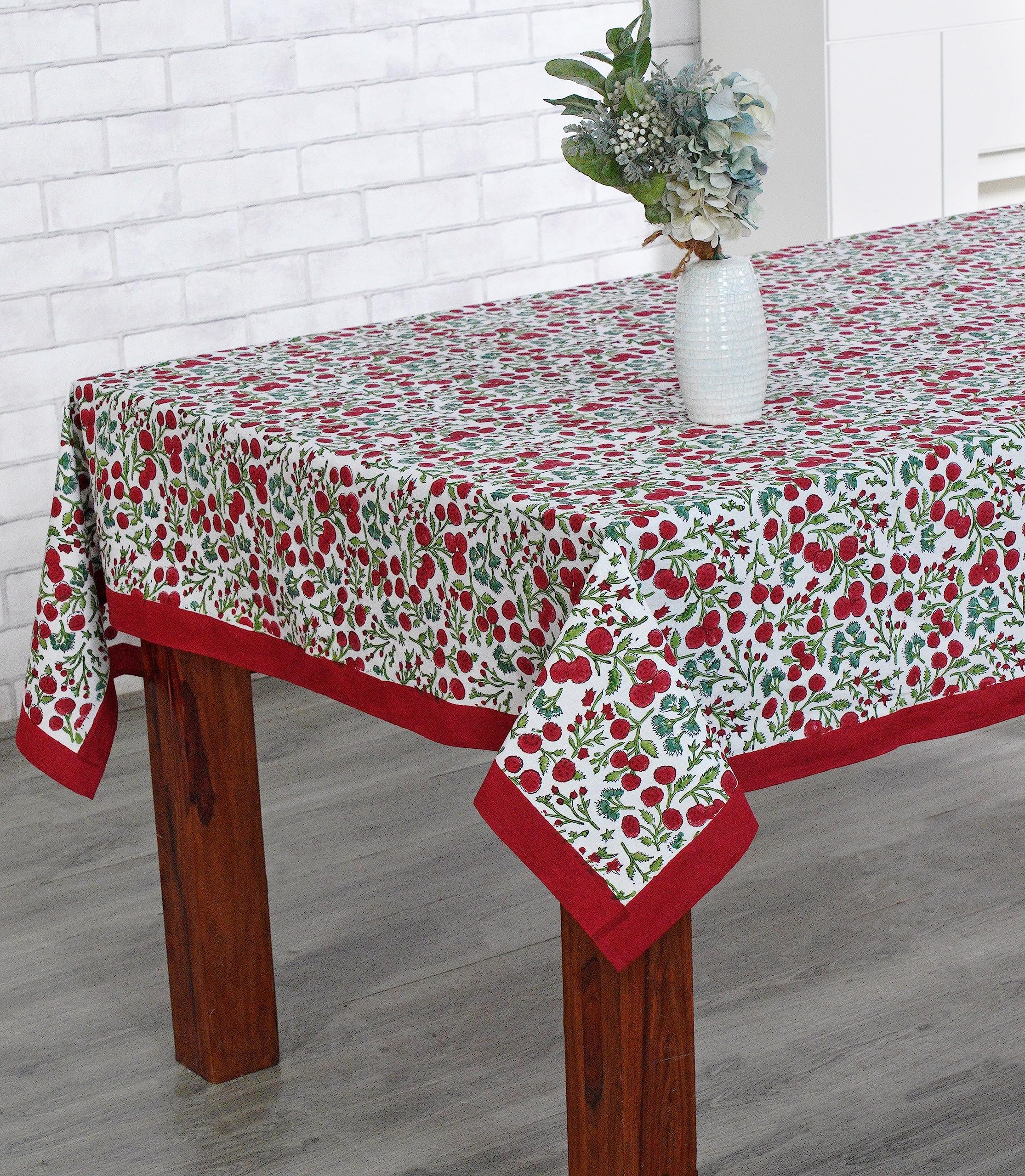 Ridhi Garnet Red Hand Block Print Cotton Rectangle Tablecloth 160 x 72 inch-Reusable Table Cover Decorative Everyday Use for Din