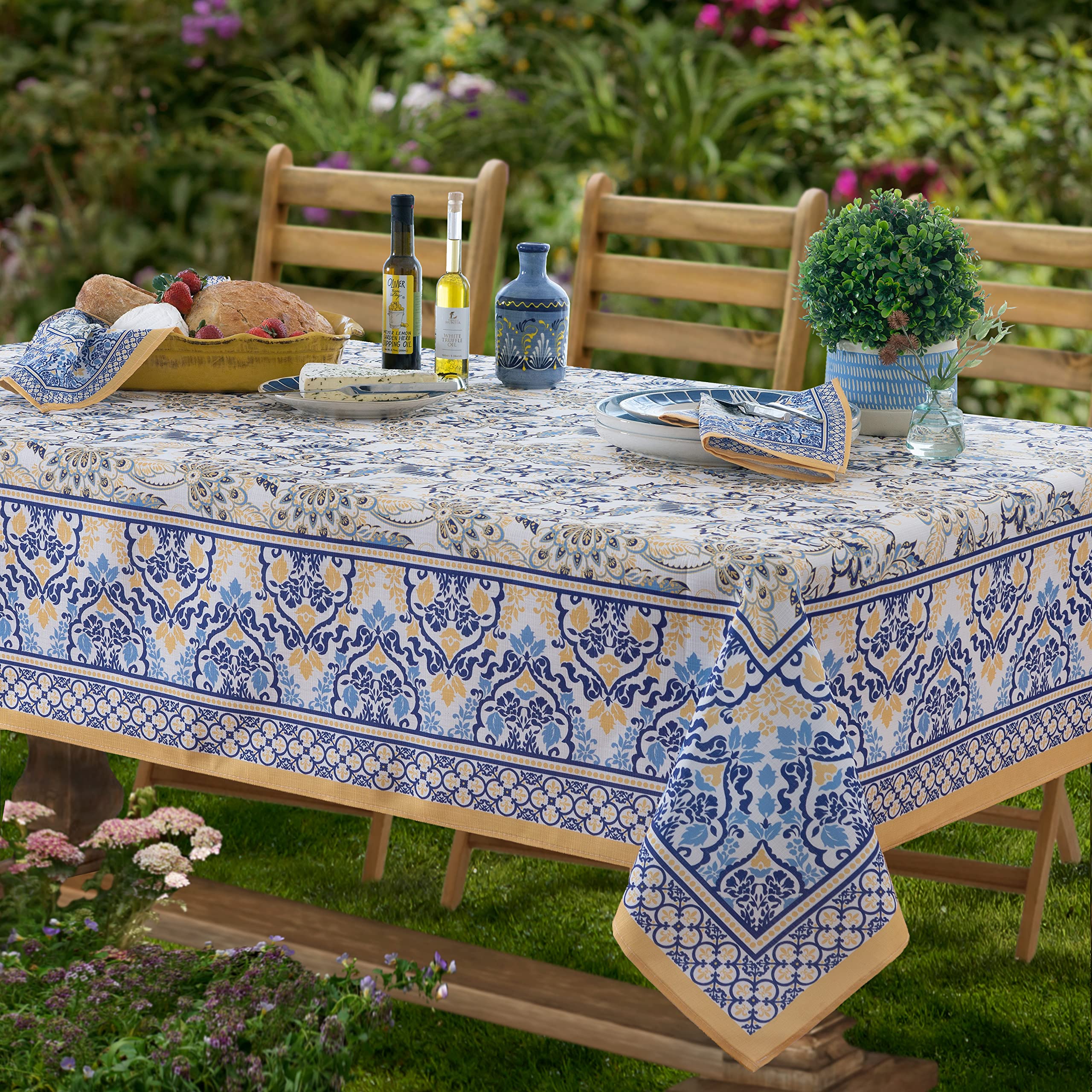 Home Bargains Plus Rectangle Fabric Tablecloth, 60 x 84 Inch, Allure Yellow and Blue Floral Bordered Print, Indoor Outdoor Stain