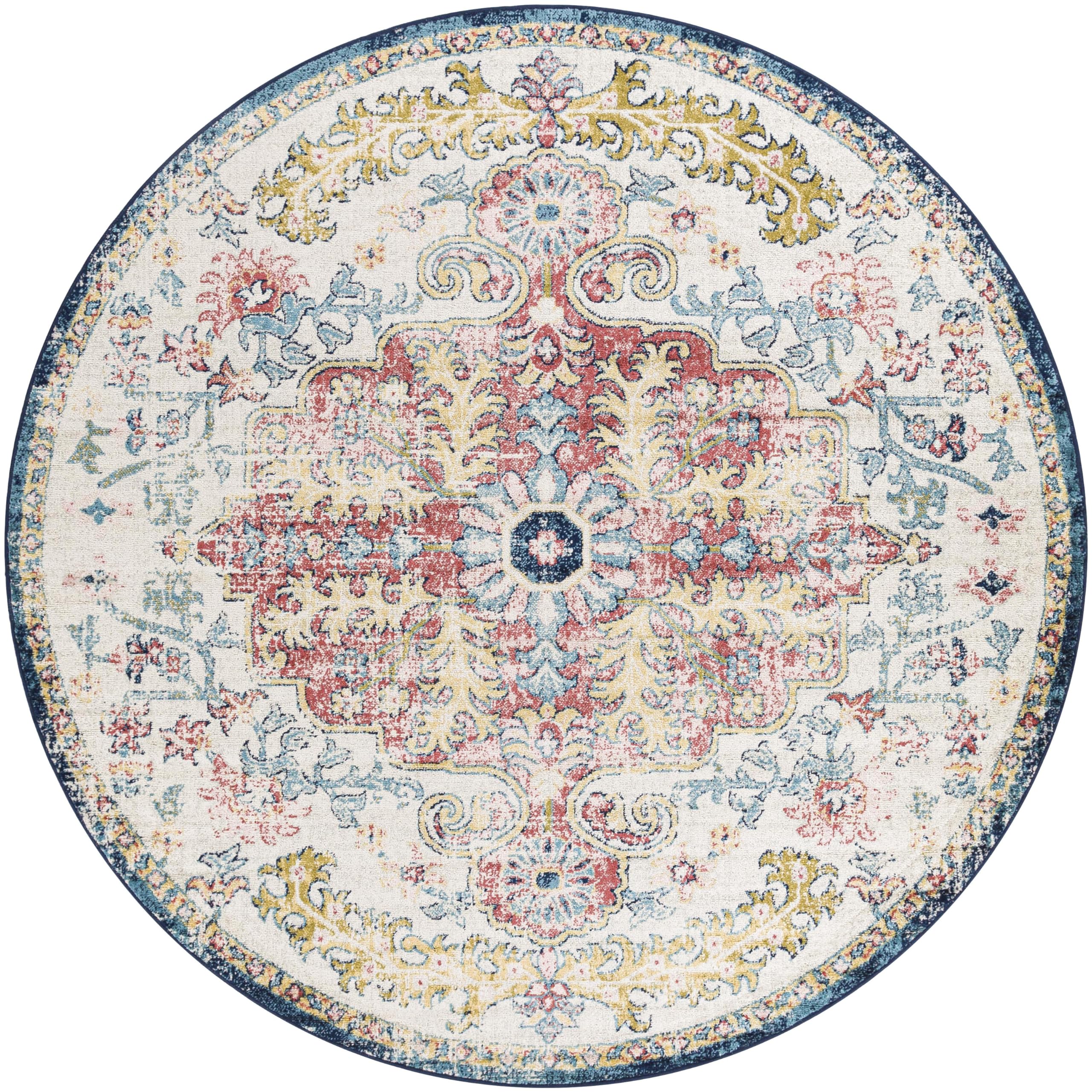 Livabliss Area Rugs - 8ft Round Odelia Vintage Boho Aqua Burgandy Blue Round Area Rug for Living Room Bedroom - Floral Medallion