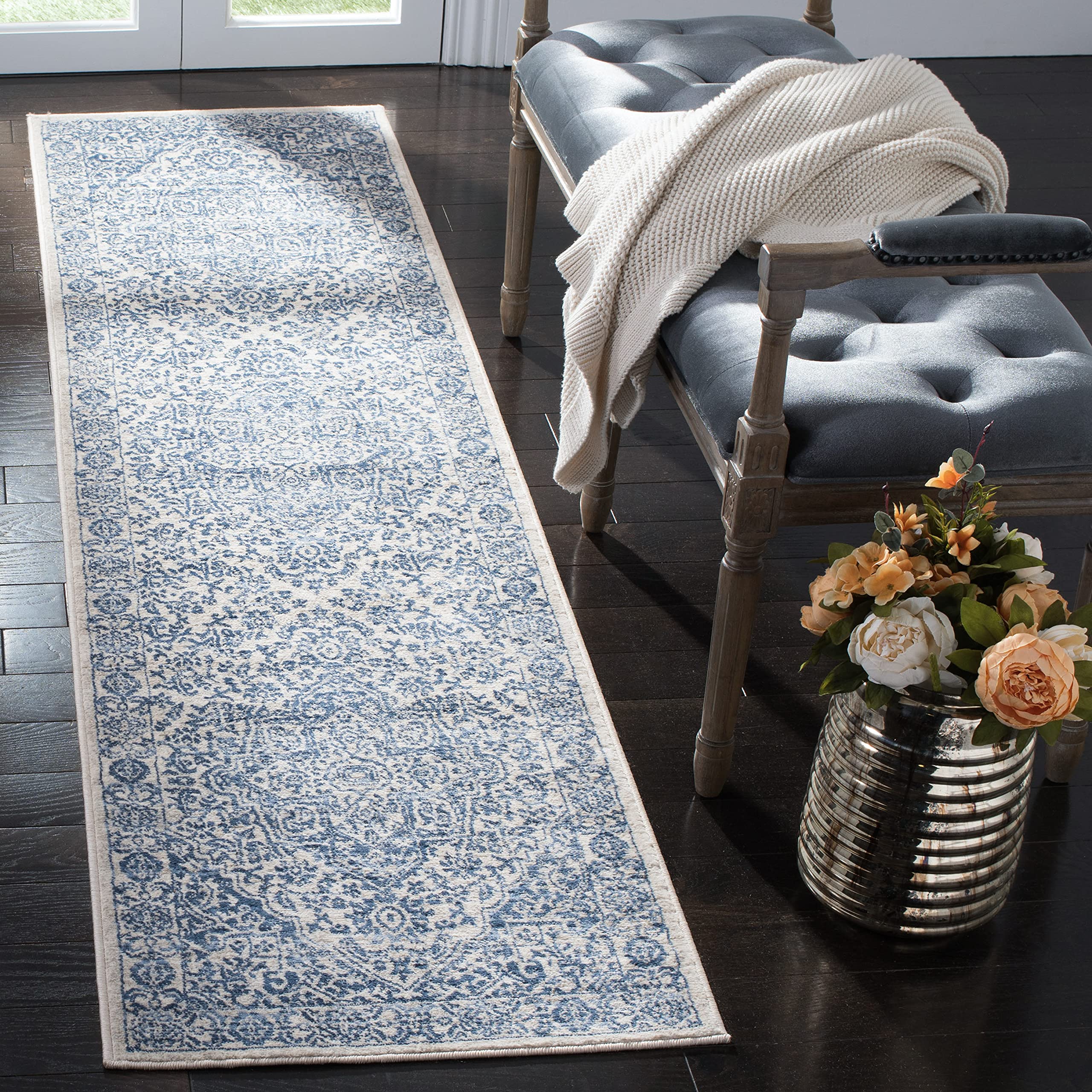SAFAVIEH Brentwood Collection 2 x 10 Navy / Light Grey BNT832M Medallion Distressed Non-Shedding Living Room Entryway Foyer Ha