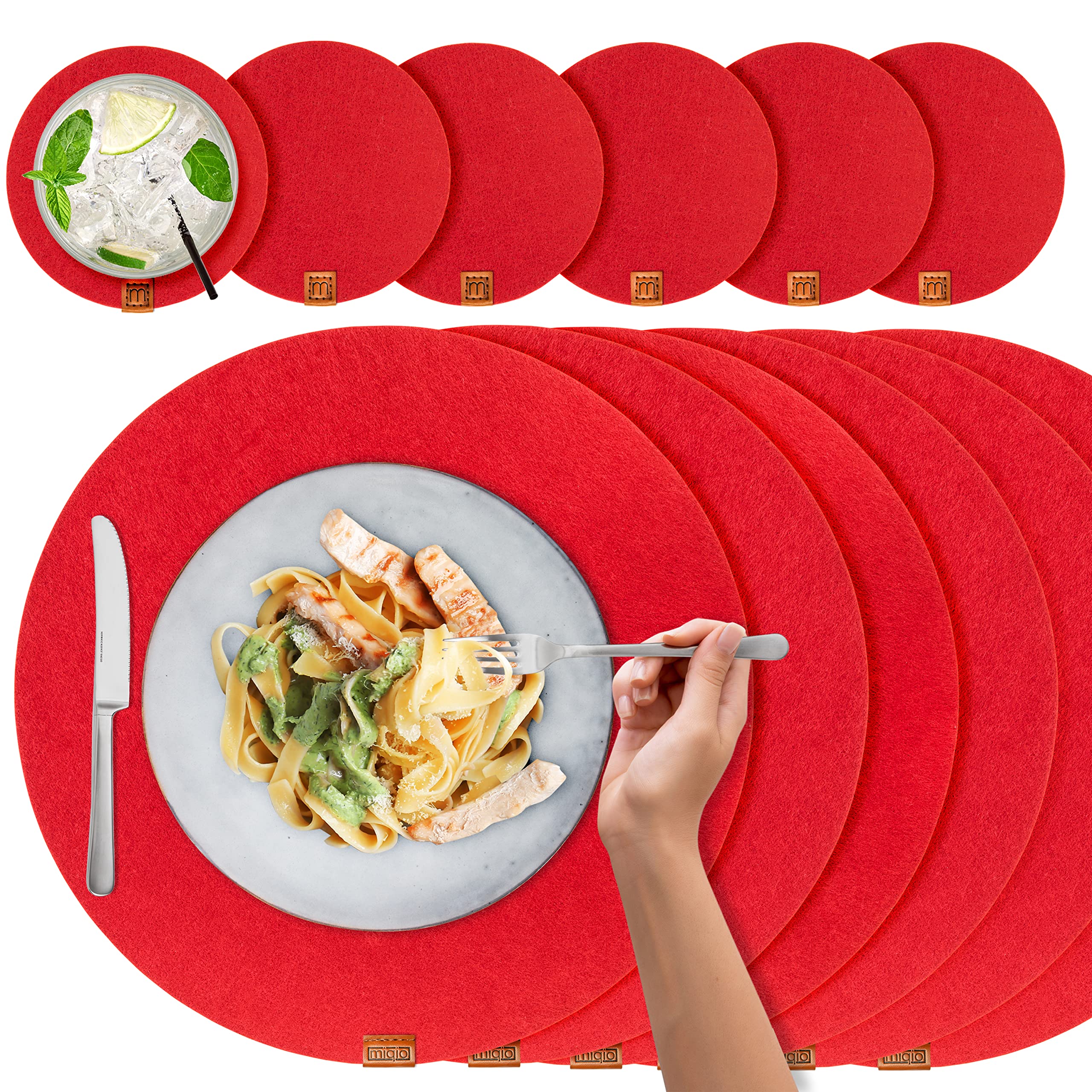 Miqio Felt Placemats Set Of 6 | 6 Round Placemats With Glass Coasters | Washable Placemats In 15 Inch | Indoor For Dining Table