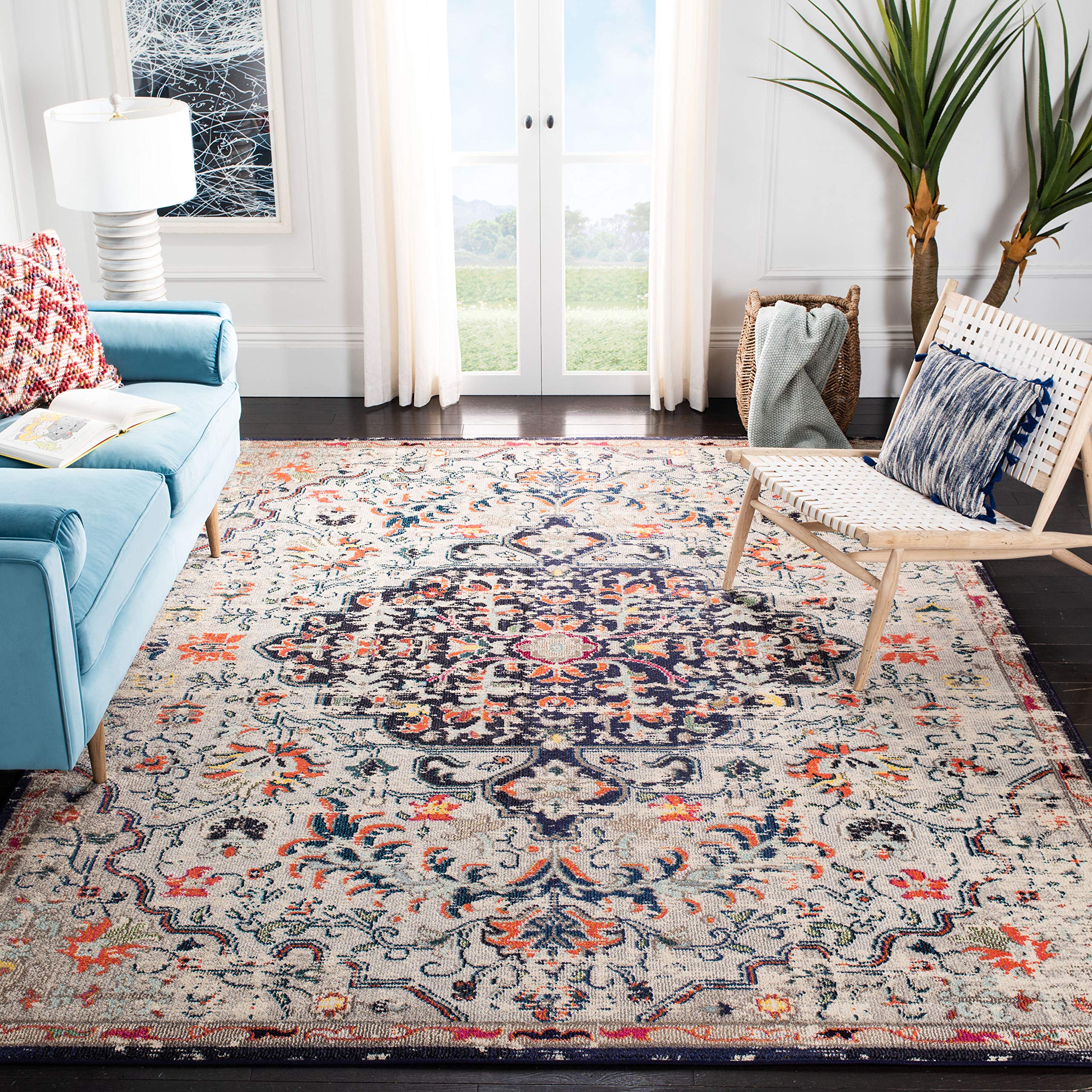 SAFAVIEH Madison Collection Area Rug - 3 Square, Beige & Black, Boho Chic Medallion Distressed Design, Non-Shedding & Easy Care