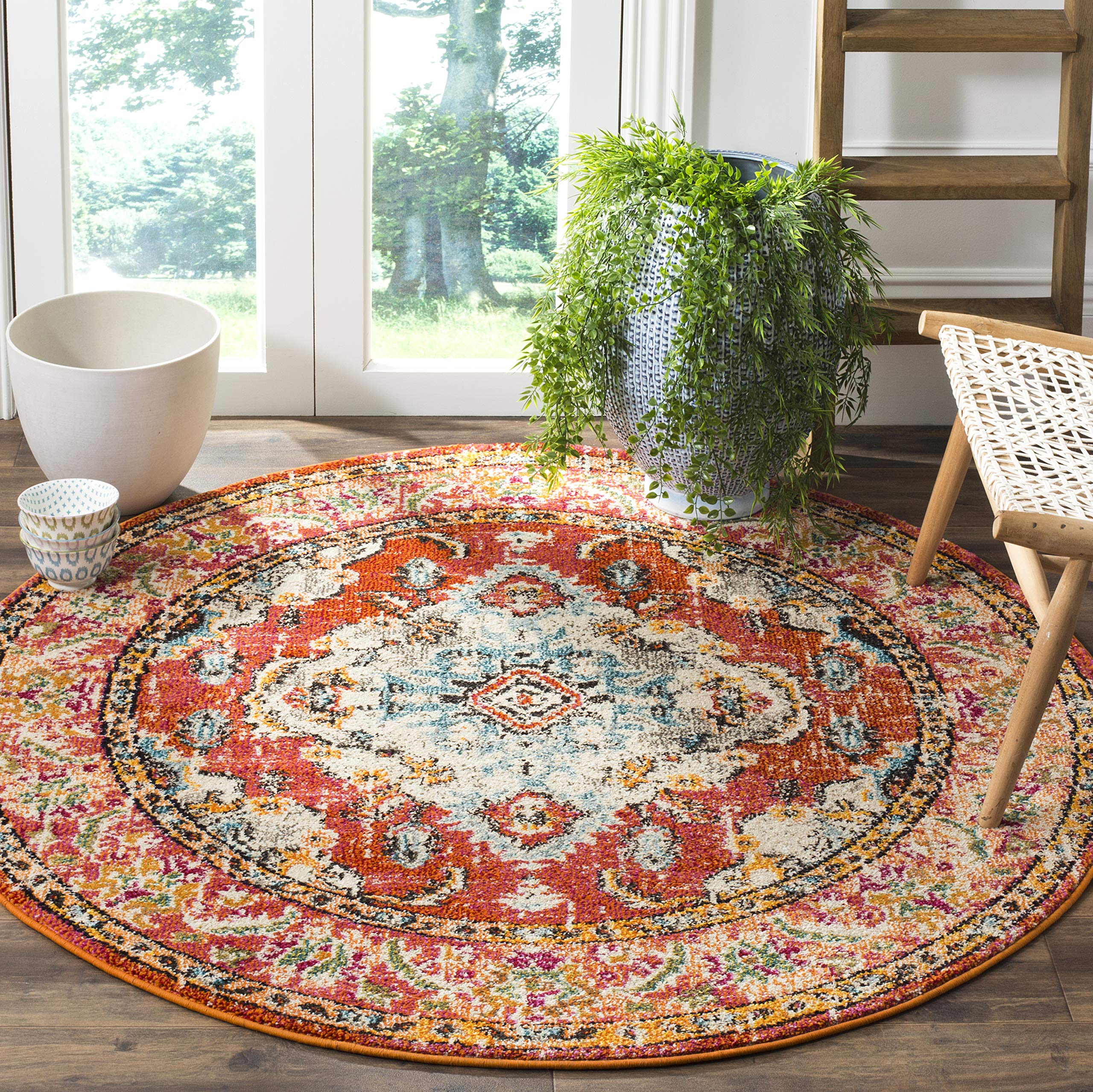 SAFAVIEH Monaco Collection Area Rug - 5 Round, Orange & Light Blue, Boho Chic Medallion Distressed Design, Non-Shedding & Easy 