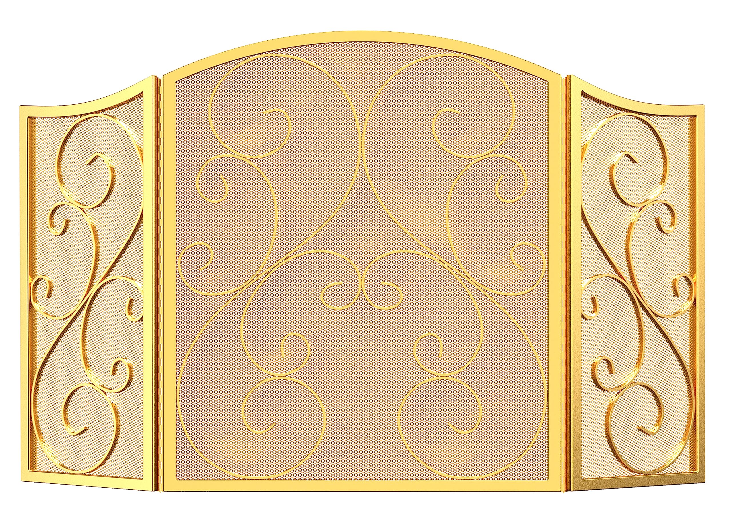 Fire Beauty Fireplace Screen 3 Panel Wrought Iron Metal 48(L) x30(H) Spark Guard Cover(Golden Dusting)