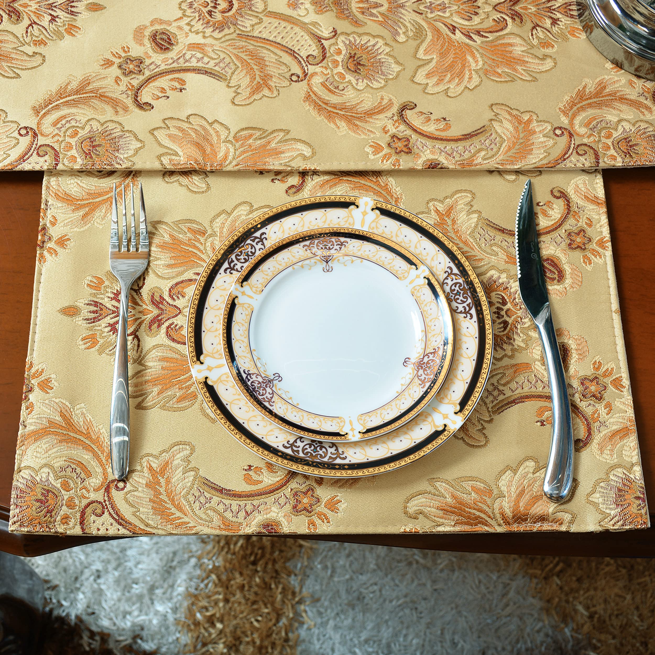 Nysmxf Gold Table Runner Luxury Thick Lined Damask Christmas Holiday Lace Beaded Cloth Runners (Gold, 6 Piece 13  18 Placements)