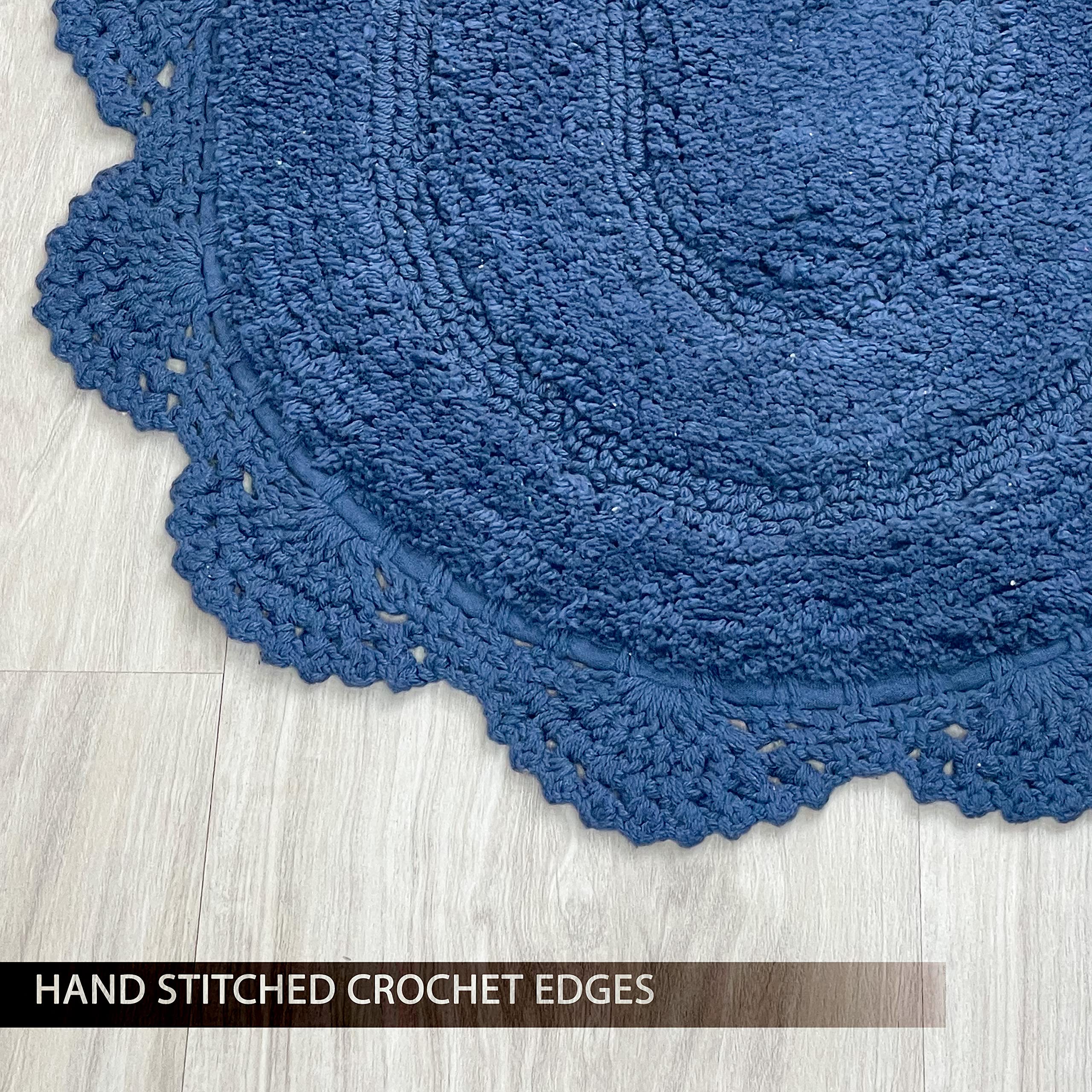 Chardin Home Blue Crochet Bathrug, 100% Cotton Oval Bathmat With Artisanally Handcrafted Crochet Border, 21X34 Inch, Medium Rug,