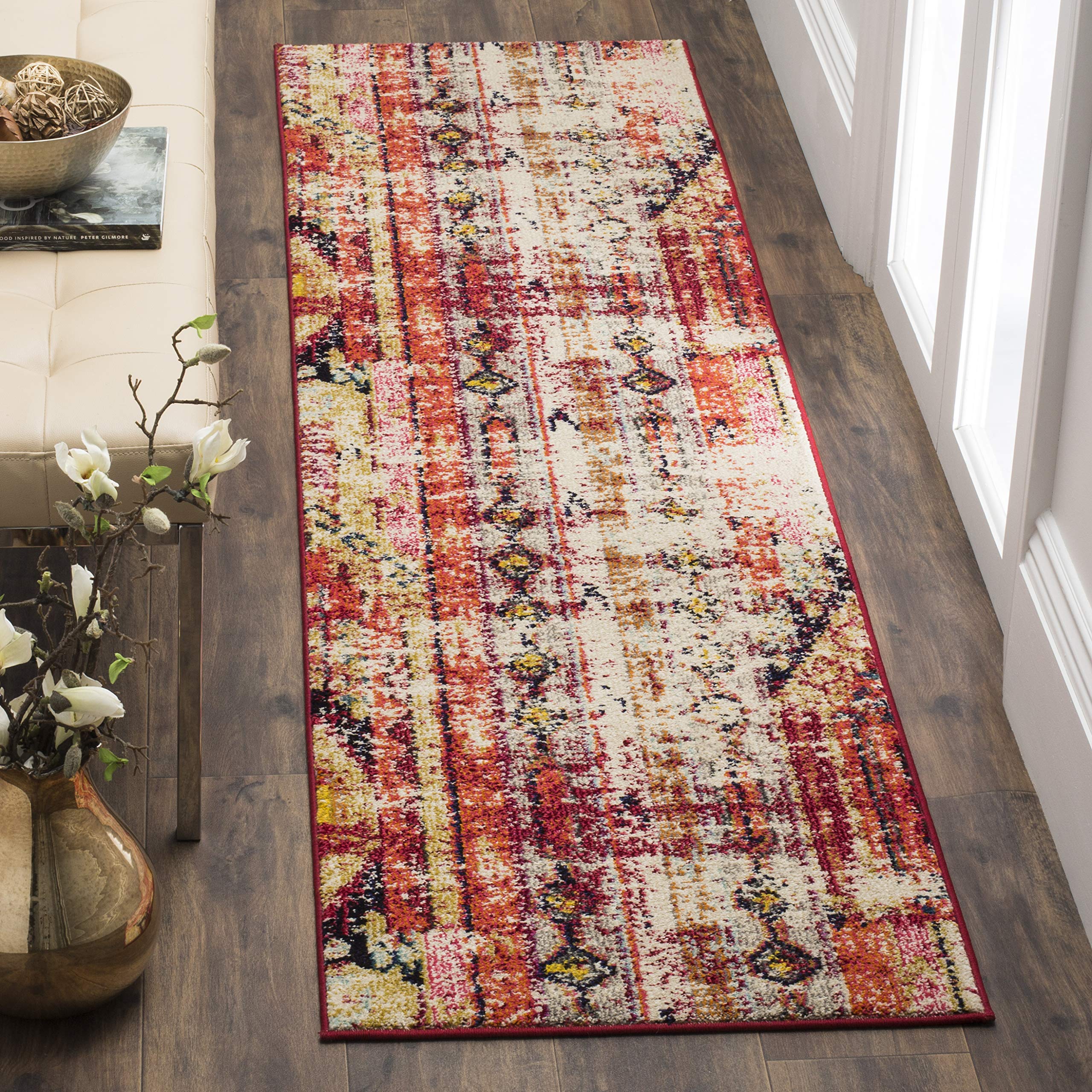 SAFAVIEH Monaco Collection Runner Rug - 22 x 6, Magenta & Multi, Boho Chic Tribal Distressed Design, Non-Shedding & Easy Care,