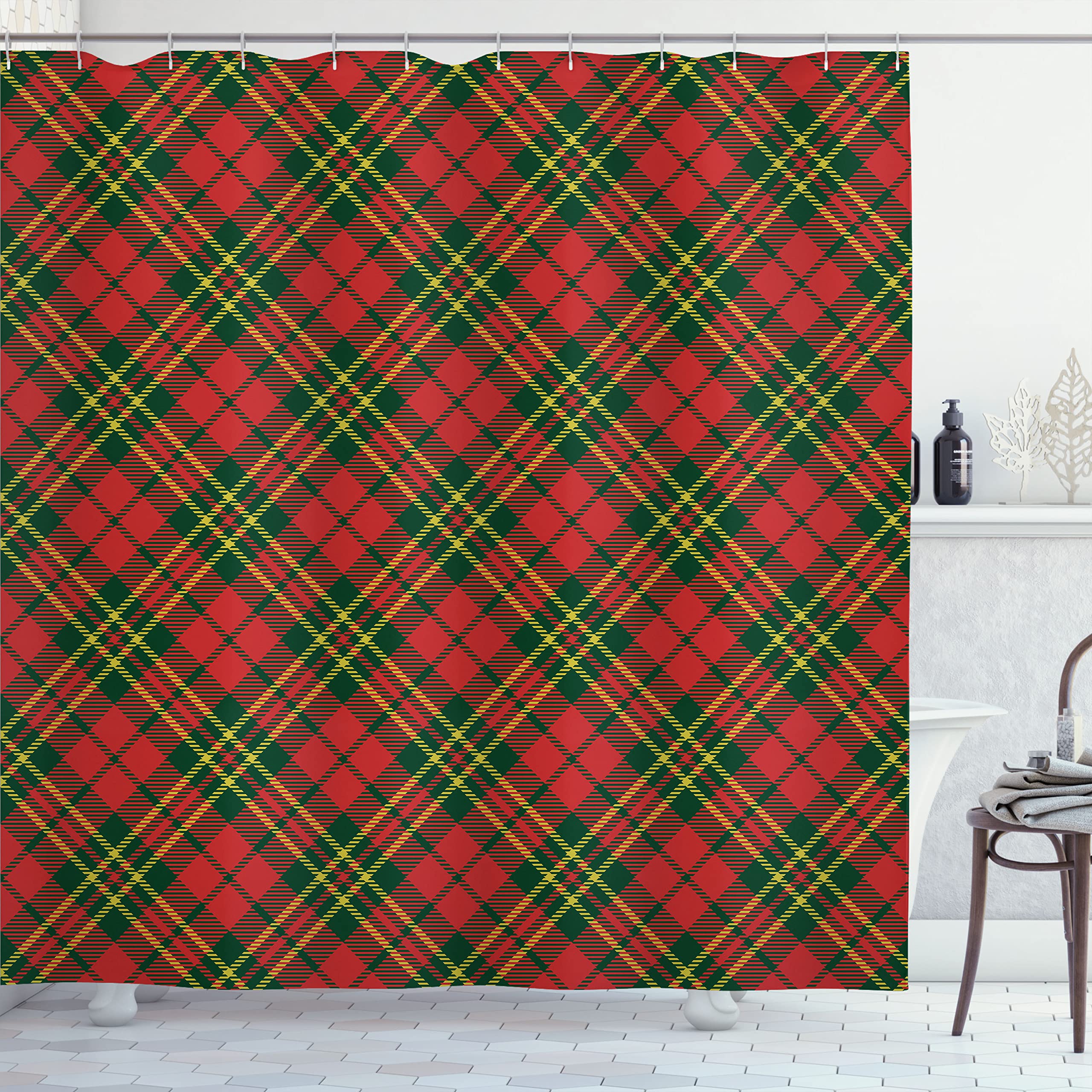 Ambesonne Checkered Shower Curtain, Irish Tartan Plaid Motifs In Christmas Colors Geometrical Stripes, Cloth Fabric Bathroom Dec